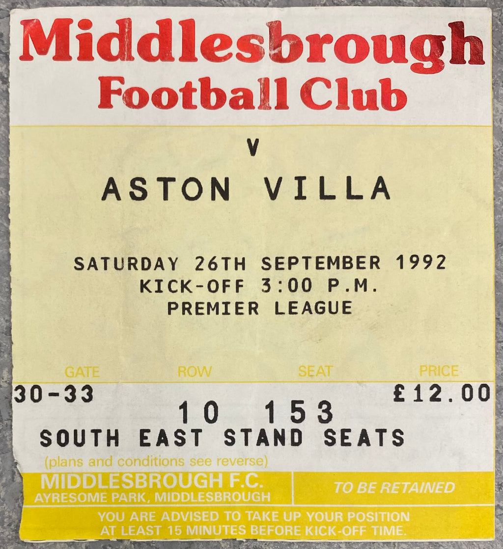 1992/93 ORIGINAL PREMIER LEAGUE TICKET MIDDLESBROUGH V ASTON VILLA