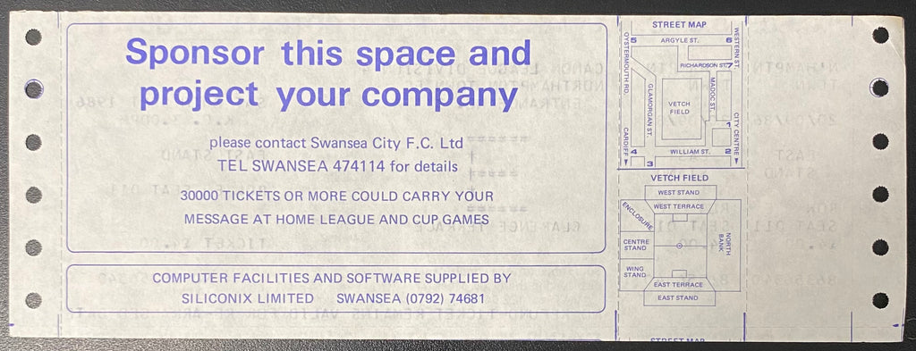 1986/87 ORIGINAL DIVISION 4 TICKET SWANSEA CITY V NORTHAMPTON TOWN