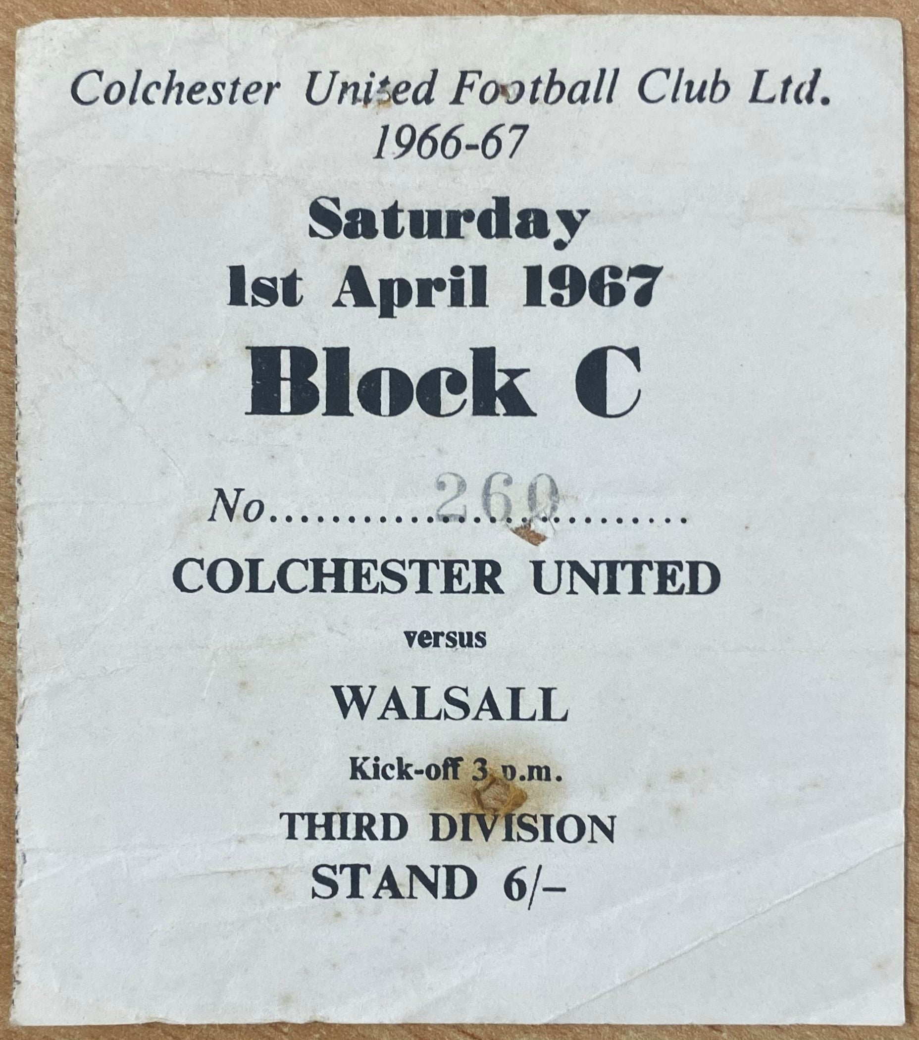 1966/67 ORIGINAL DIVISION 3 TICKET COLCHESTER UNITED V WALSALL