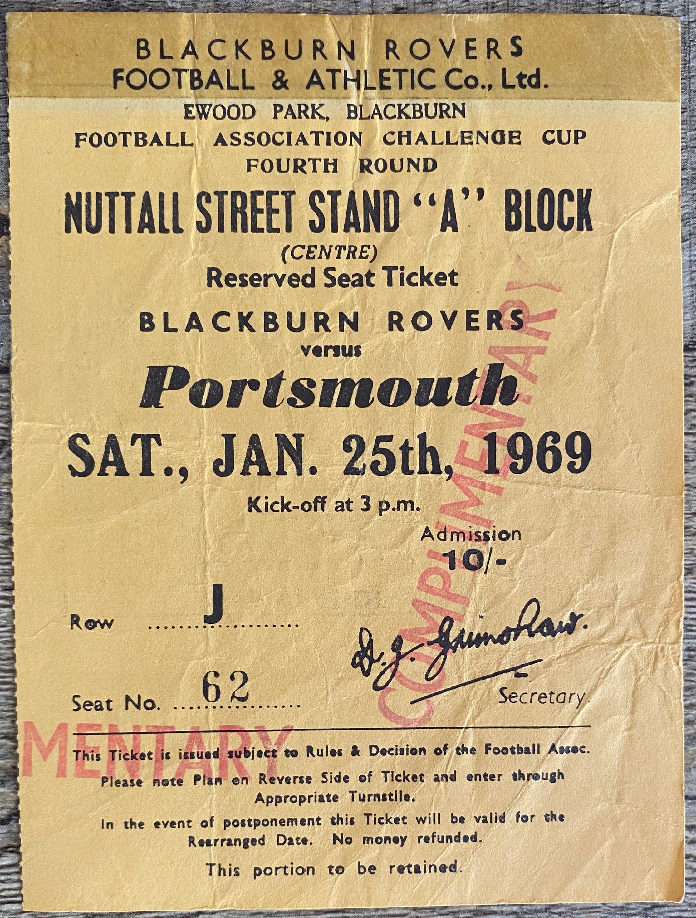 1968/69 ORIGINAL FA CUP 4TH ROUND TICKET BLACKBURN ROVERS V PORTSMOUTH