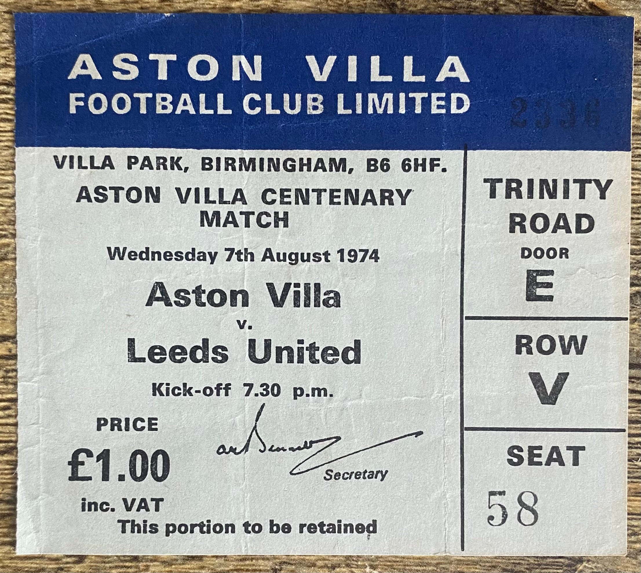 1974 ORIGINAL CENTENARY GAME TICKET ASTON VILLA V LEEDS UNITED