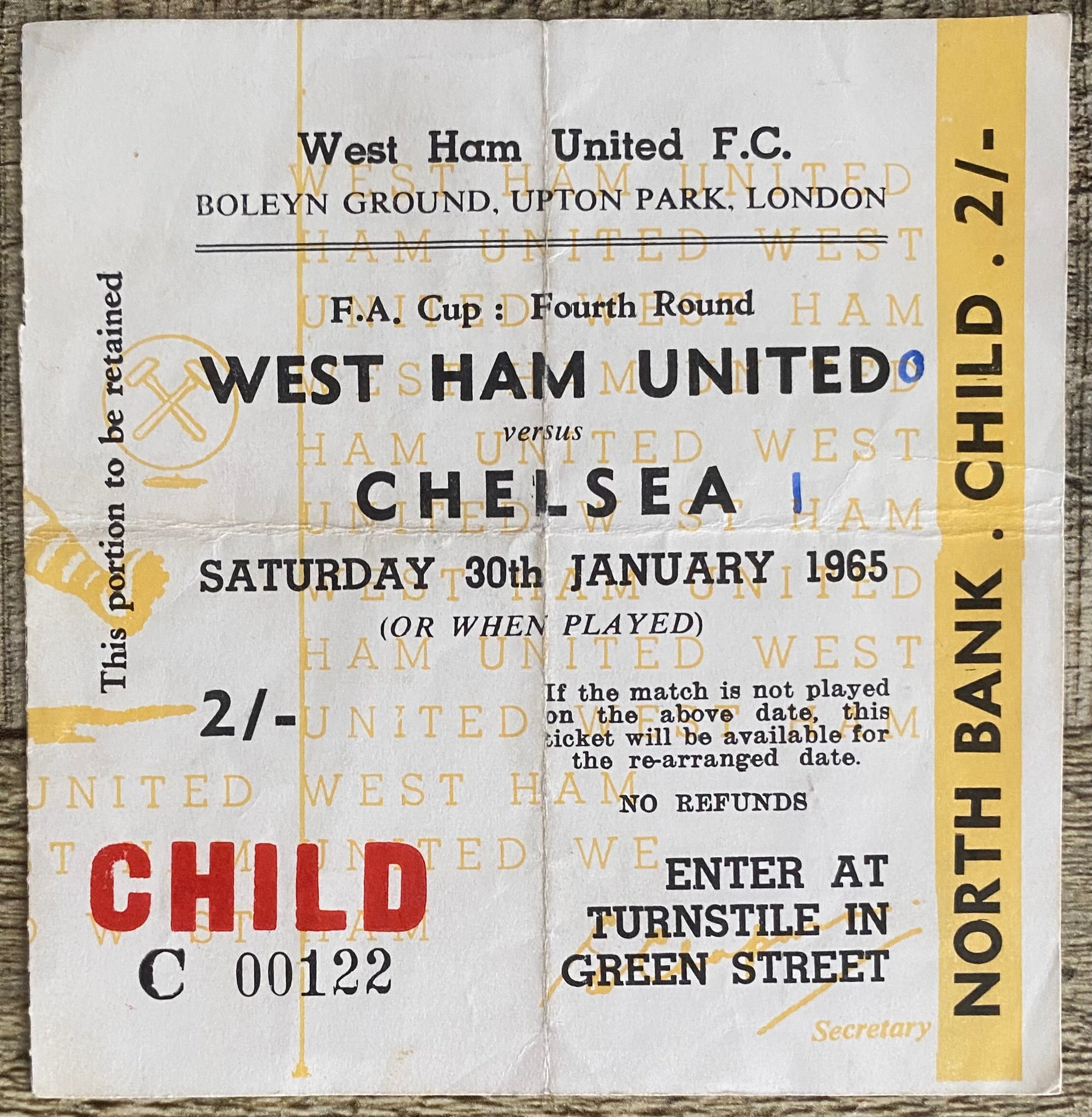 1964/65 ORIGINAL FA CUP 4TH ROUND TICKET WEST HAM UNITED V CHELSEA