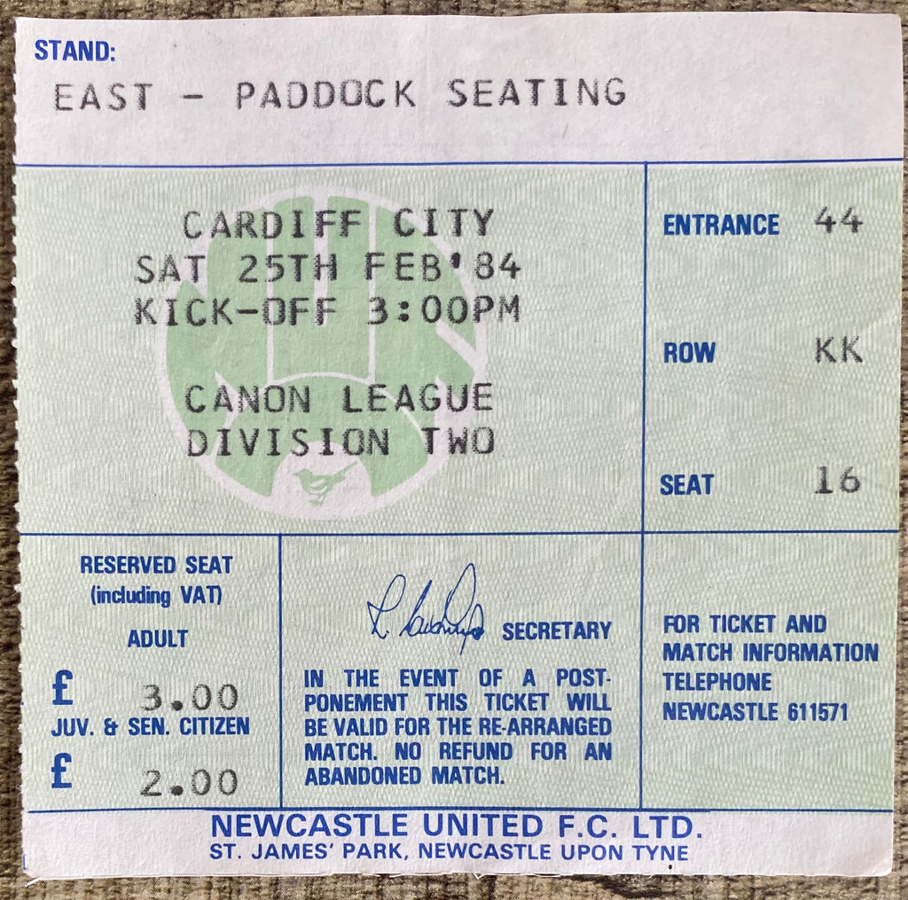 1983/84 ORIGINAL DIVISION 2 TICKET NEWCASTLE UNITED V CARDIFF CITY