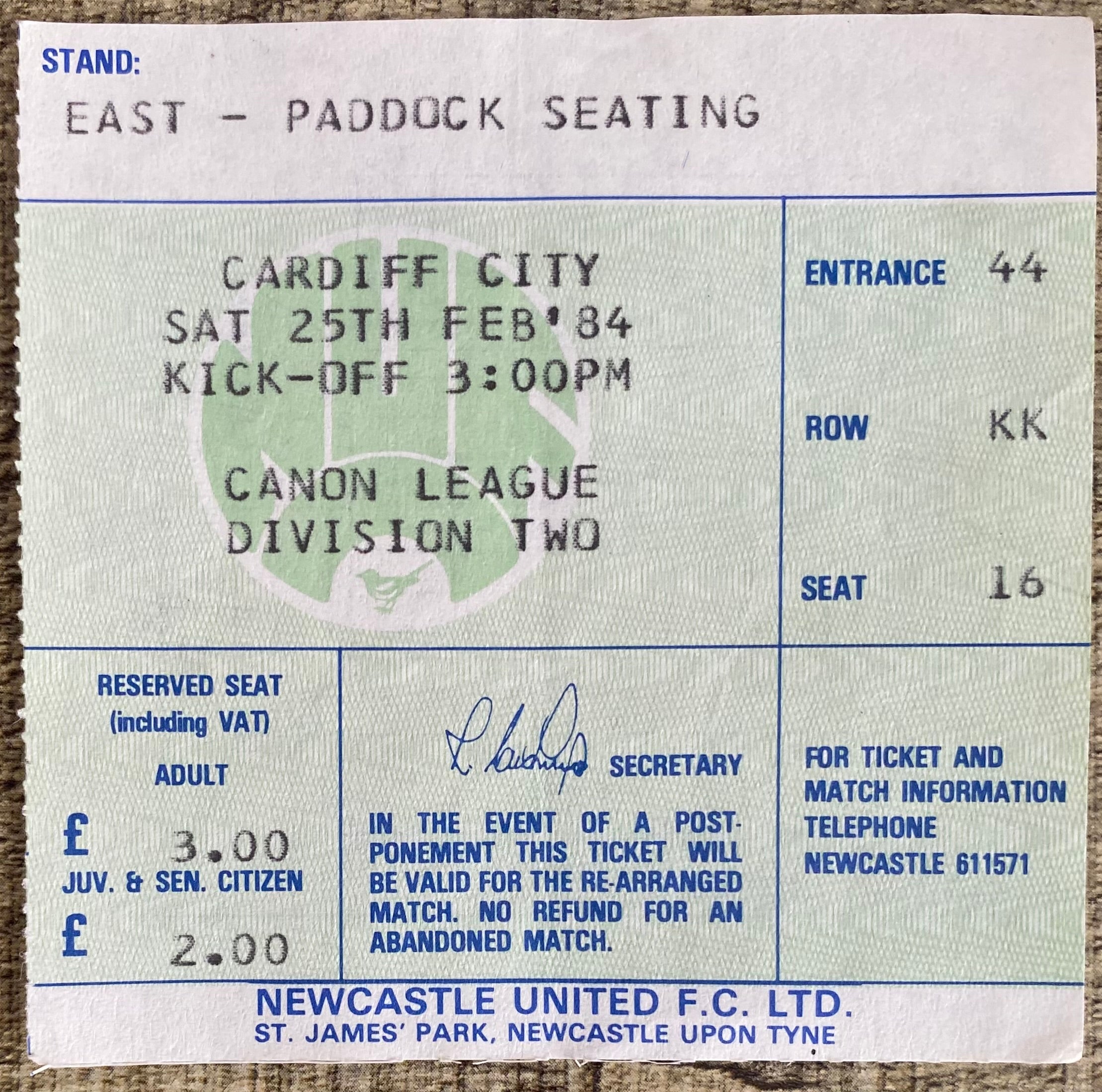 1983/84 ORIGINAL DIVISION 2 TICKET NEWCASTLE UNITED V CARDIFF CITY