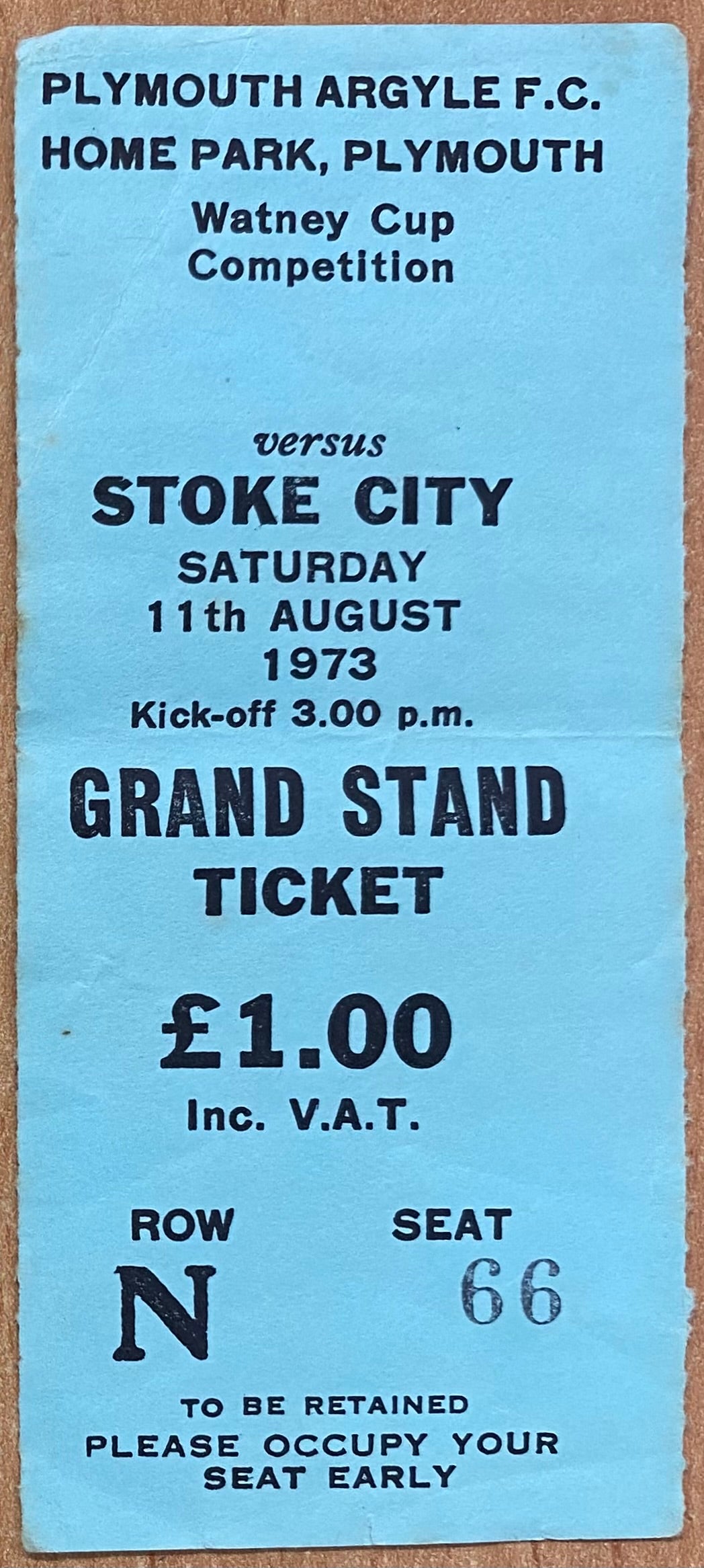 1973/74  ORIGINAL WATNEYS CUP TICKET PLYMOUTH ARGYLE V STOKE CITY