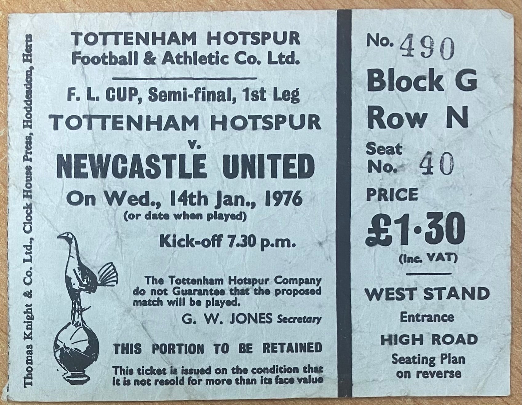 1975/76 ORIGINAL LEAGUE CUP SEMI FINAL 1ST LEG TICKET TOTTENHAM HOTSPUR V NEWCASTLE UNITED