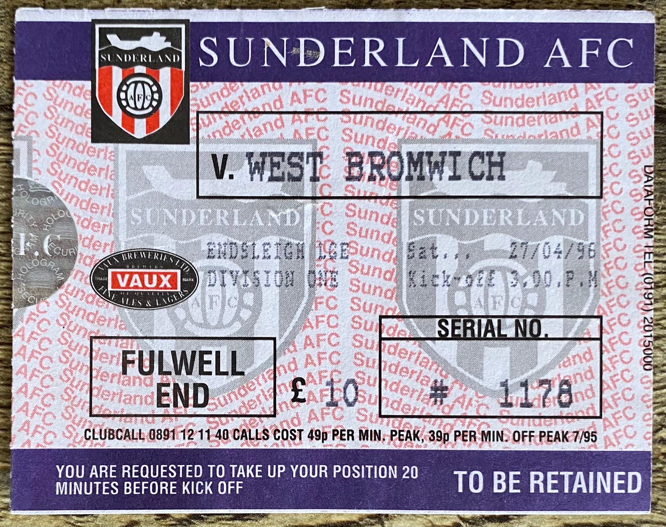 1995/96 ORIGINAL DIVISION ONE TICKET SUNDERLAND v WEST BROMWICH ALBION