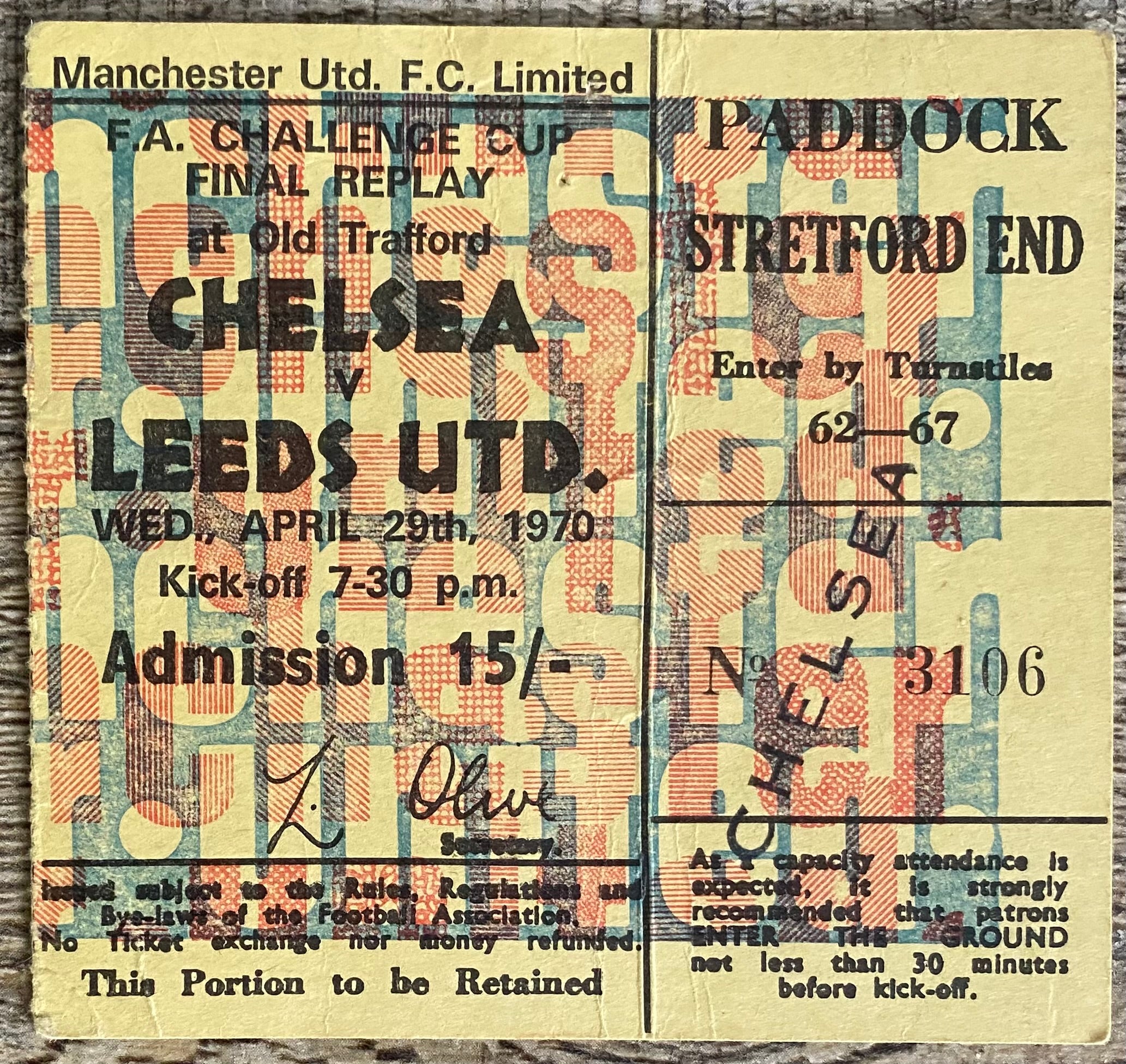 1970 ORIGINAL FA CUP FINAL REPLAY TICKET CHELSEA V LEEDS UNITED @ OLD TRAFFORD