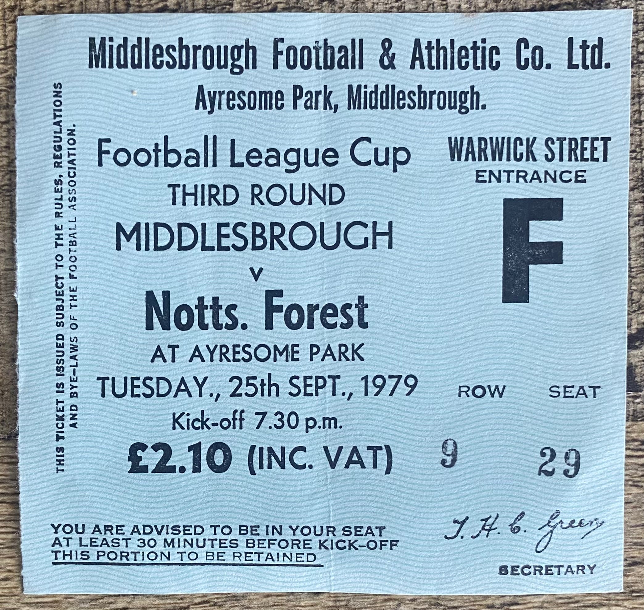 1979/80 ORIGINAL LEAGUE CUP  3RD ROUND TICKET MIDDLESBROUGH V NOTTINGHAM FOREST