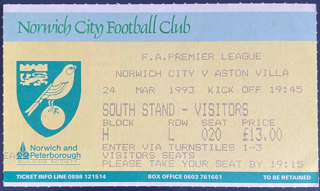 1992/93 ORIGINAL FA PREMIER LEAGUE TICKET NORWICH CITY V ASTON VILLA