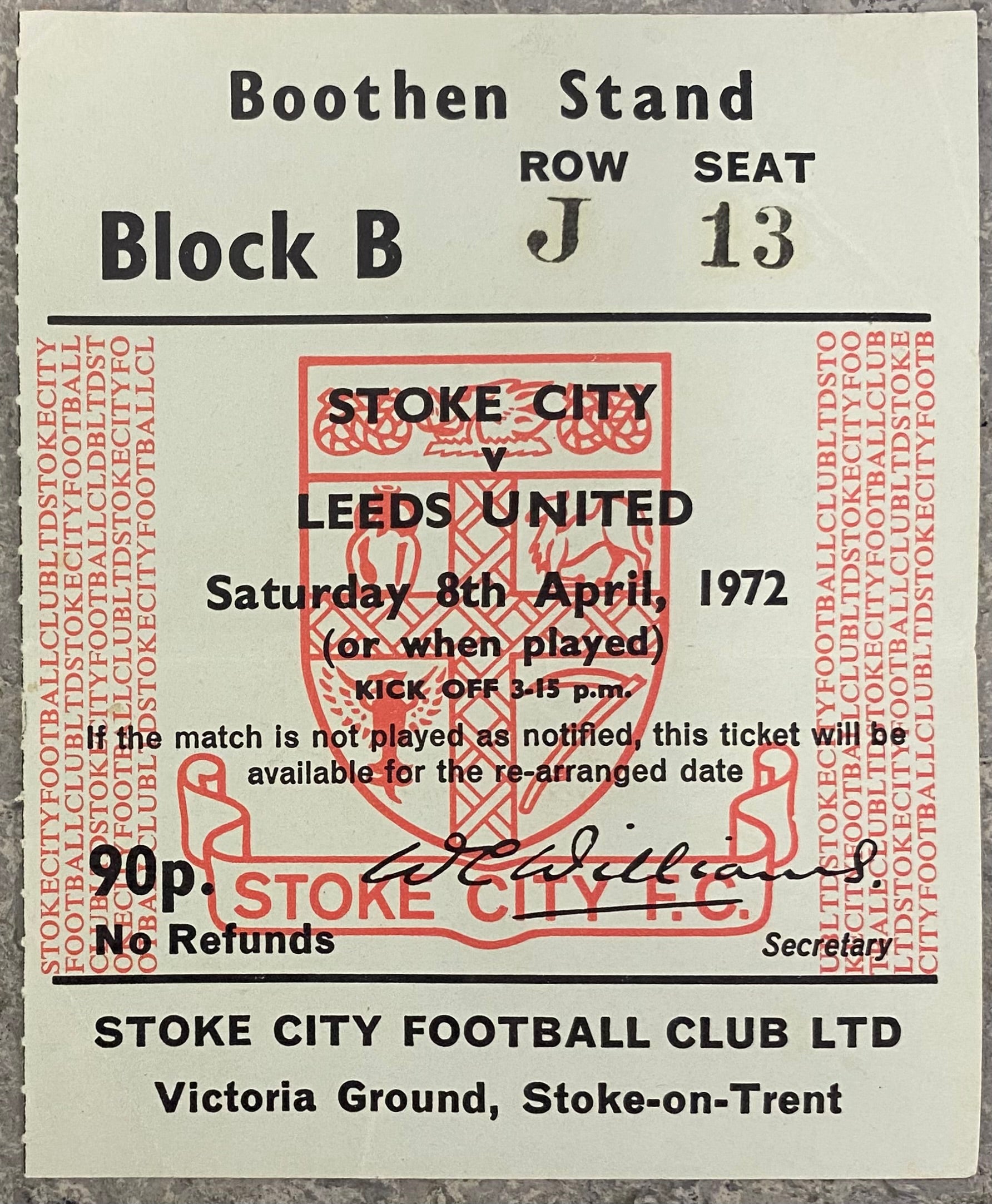 1971/72 ORIGINAL DIVISION ONE TICKET STOKE CITY V LEEDS UNITED
