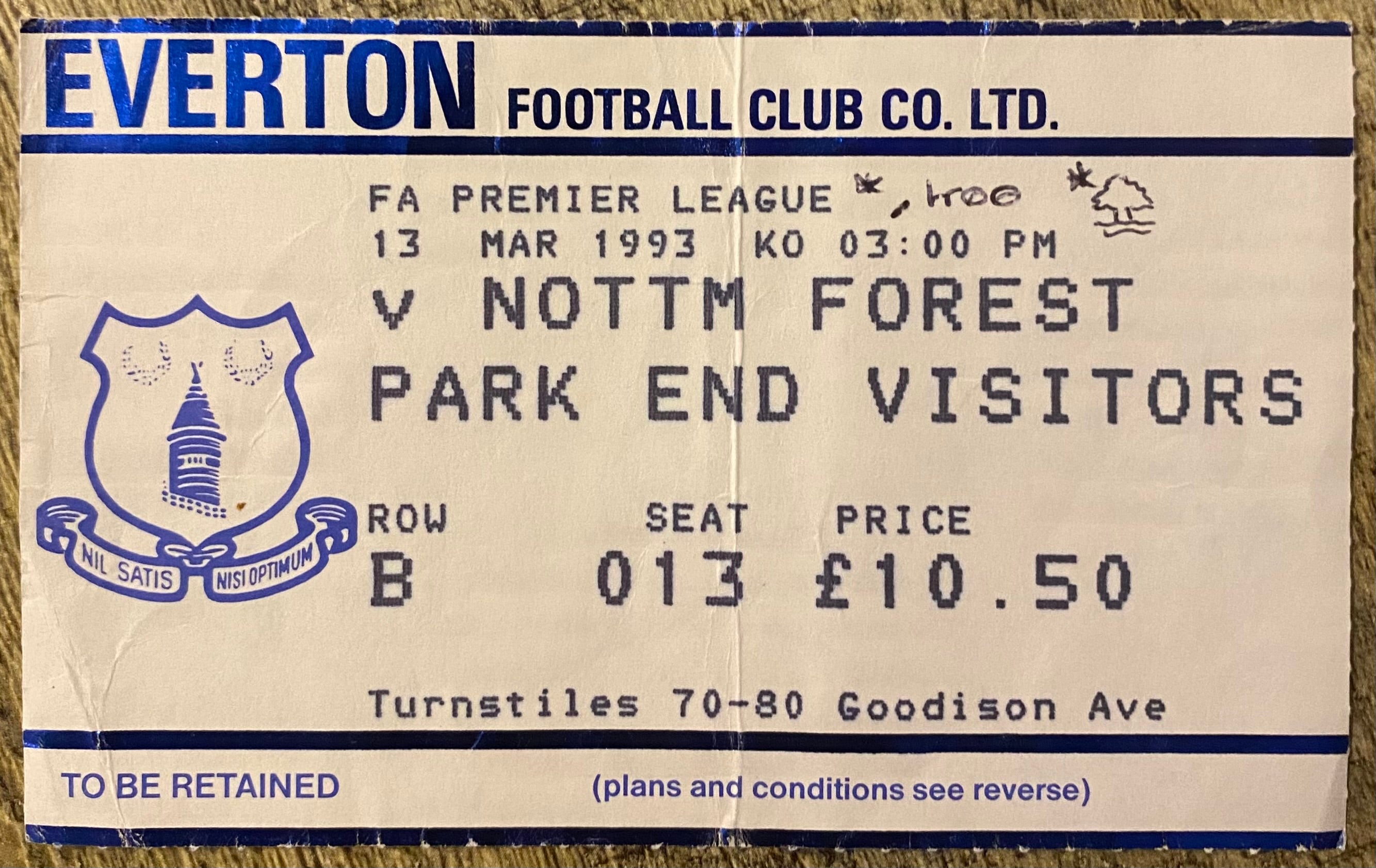 1992/93 ORIGINAL PREMIER LEAGUE TICKET EVERTON V NOTTINGHAM FOREST