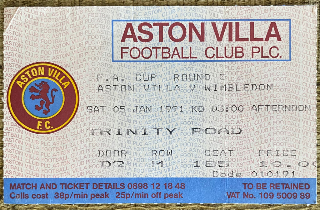 1990/91 ORIGINAL FA CUP 3RD ROUND TICKET ASTON VILLA V WIMBLEDON
