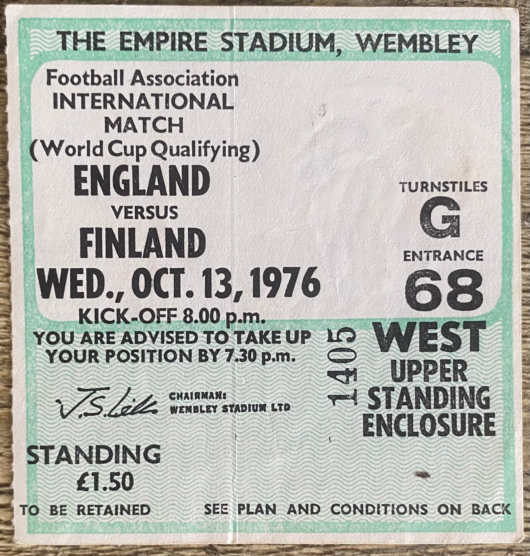 1976 ORIGINAL WORLD CUP QUALIFYING TICKET ENGLAND V FINLAND