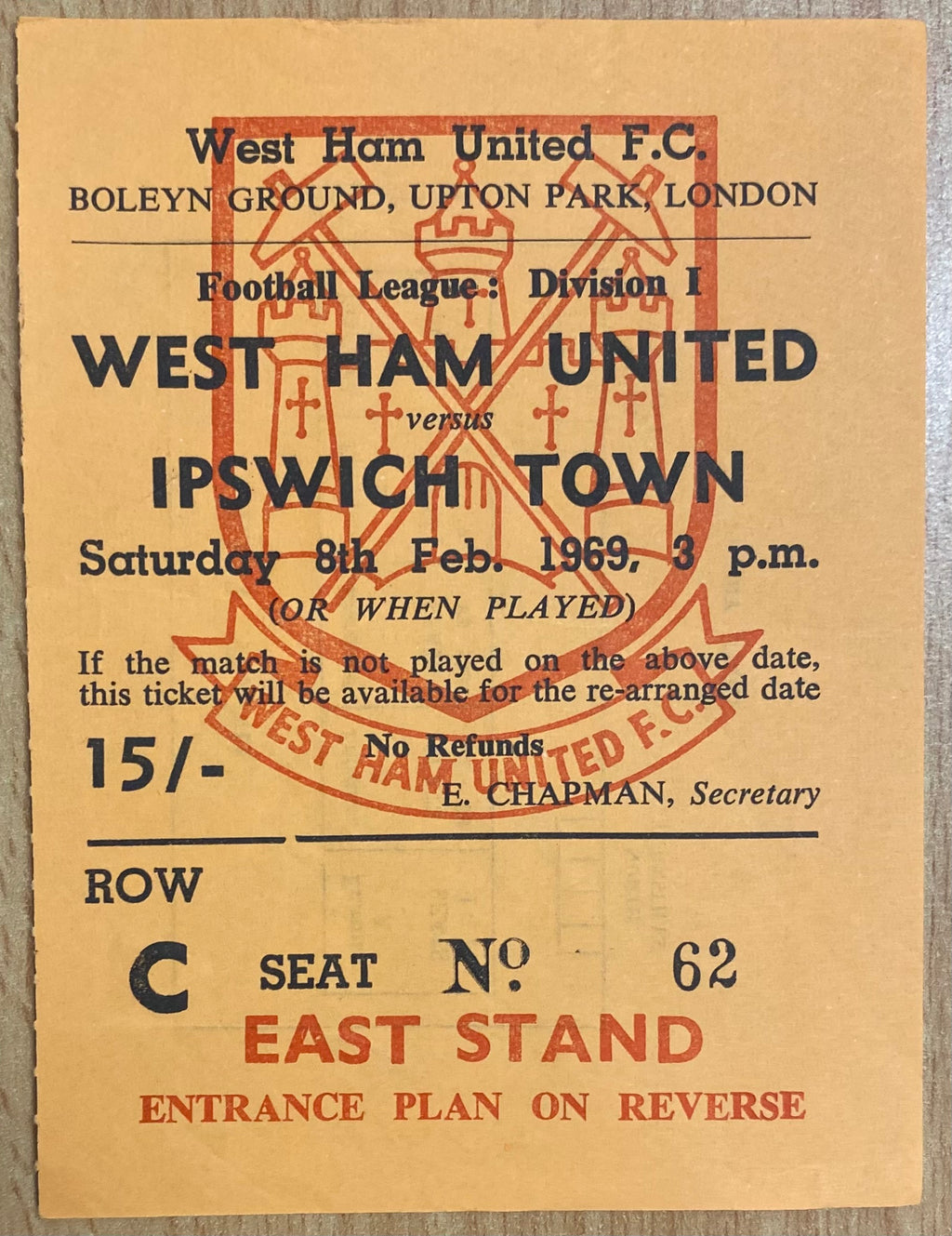 1968/69 ORIGINAL DIVISION 1 TICKET WEST HAM UNITED V IPSWICH TOWN