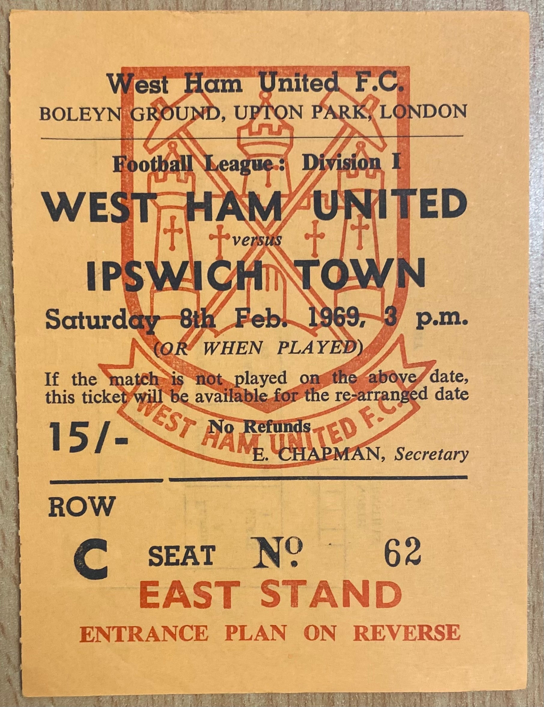 1968/69 ORIGINAL DIVISION 1 TICKET WEST HAM UNITED V IPSWICH TOWN