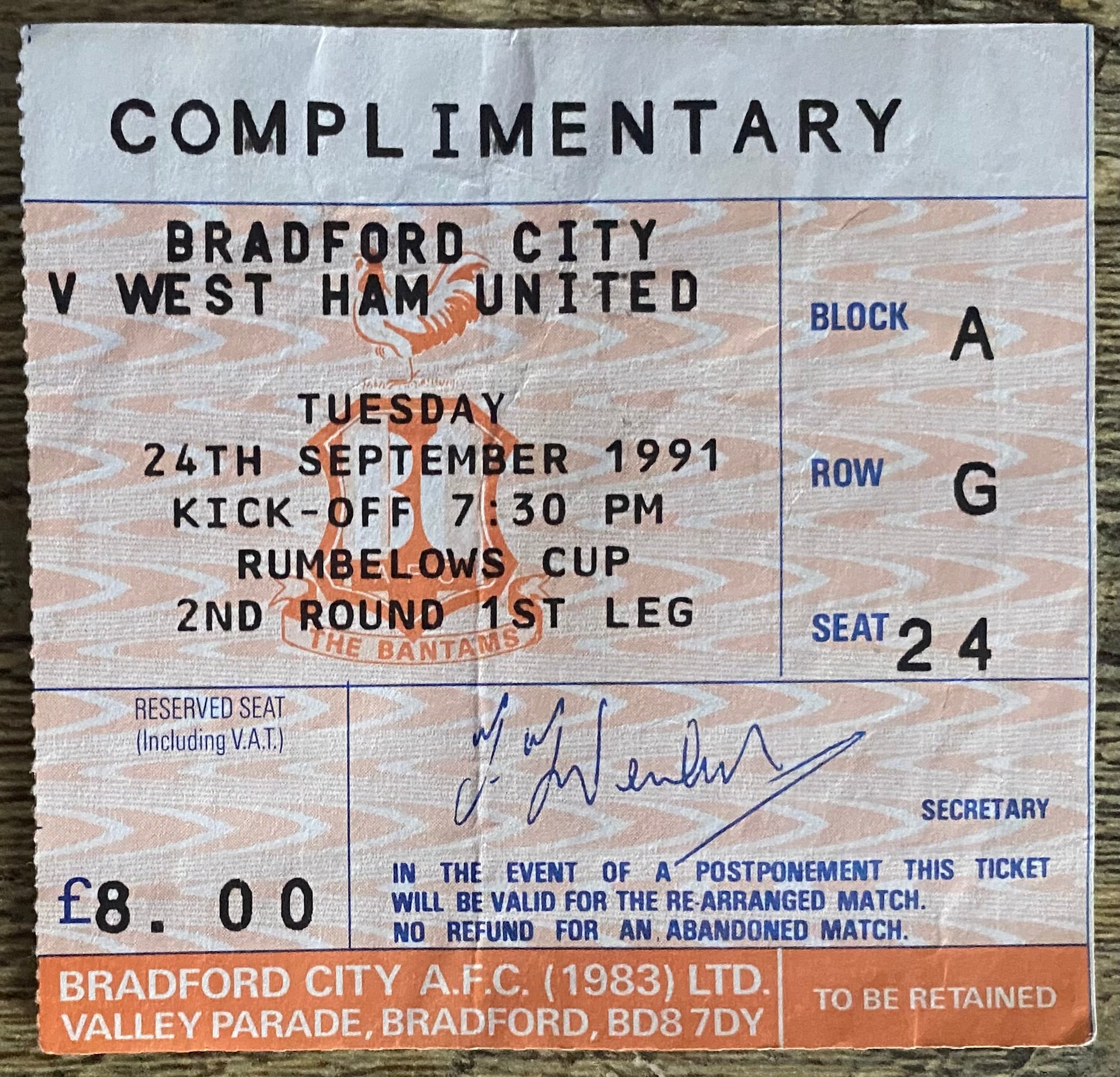 1991/92 ORIGINAL RUMBELOWS CUP 2ND ROUND 1ST LEG TICKET BRADFORD CITY V WEST HAM UNITED