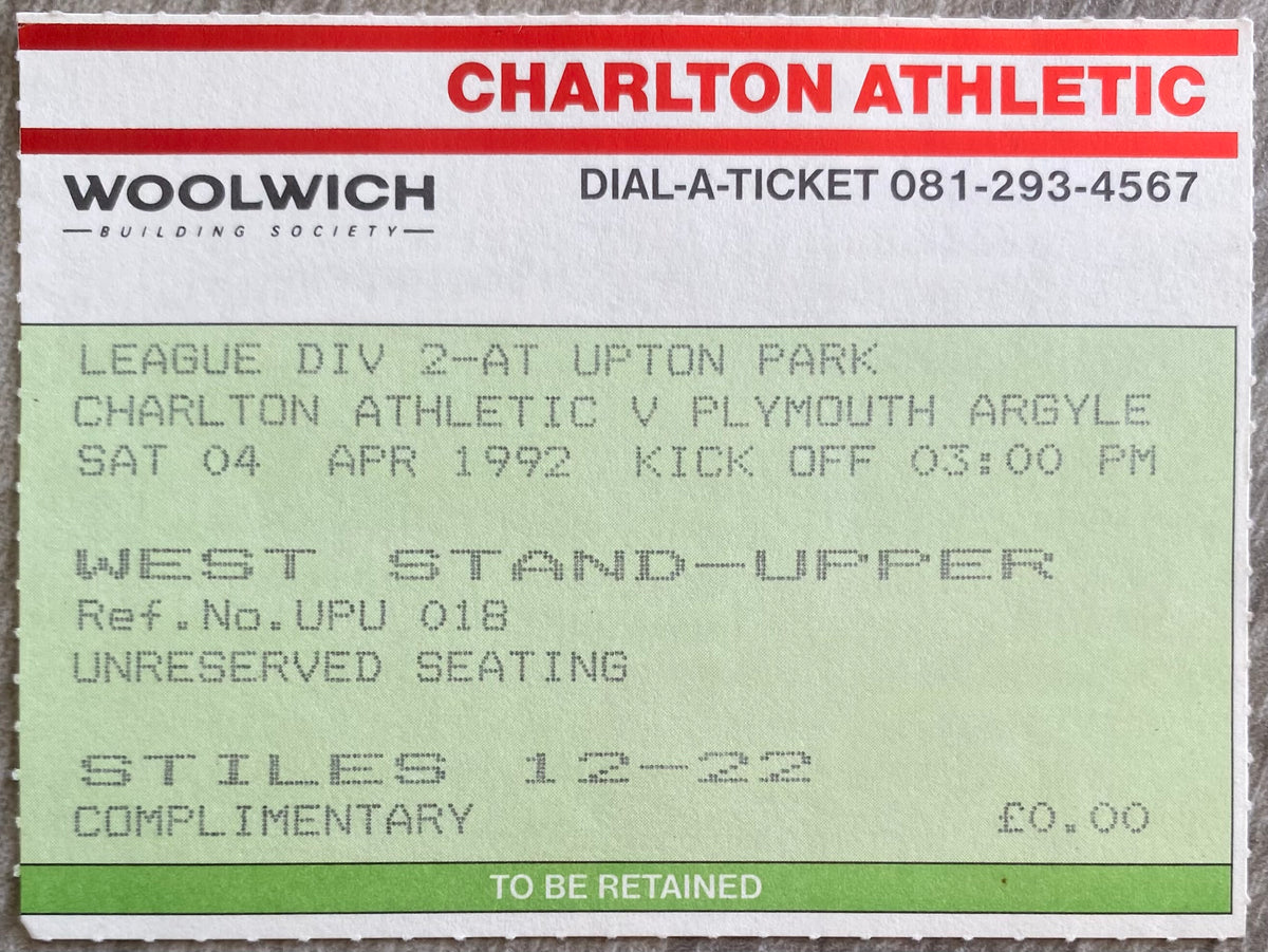1991/92 ORIGINAL DIVISION 2 TICKET CHARLTON ATHLETIC V PLYMOUTH ARGYLE