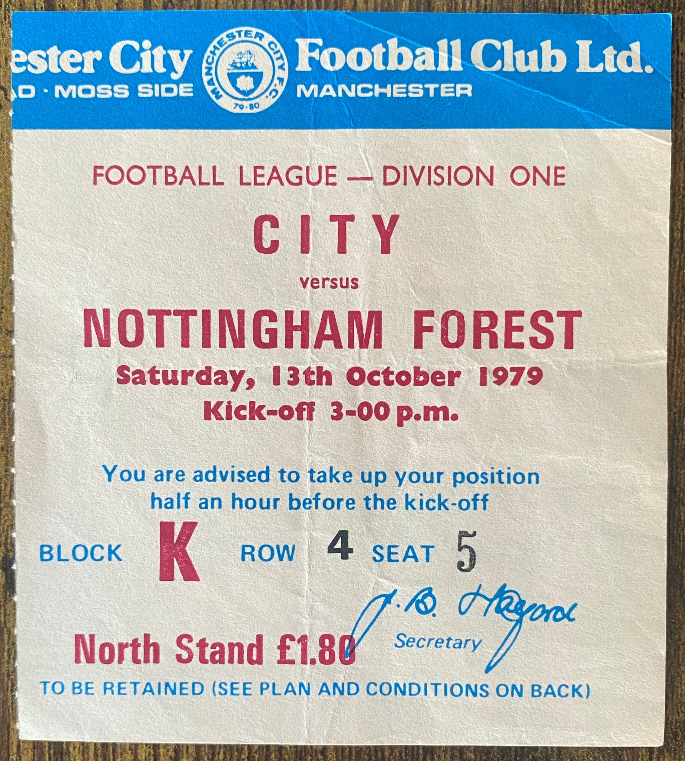 1979/80 ORIGINAL DIVISION ONE TICKET MANCHESTER CITY V NOTTINGHAM FOREST