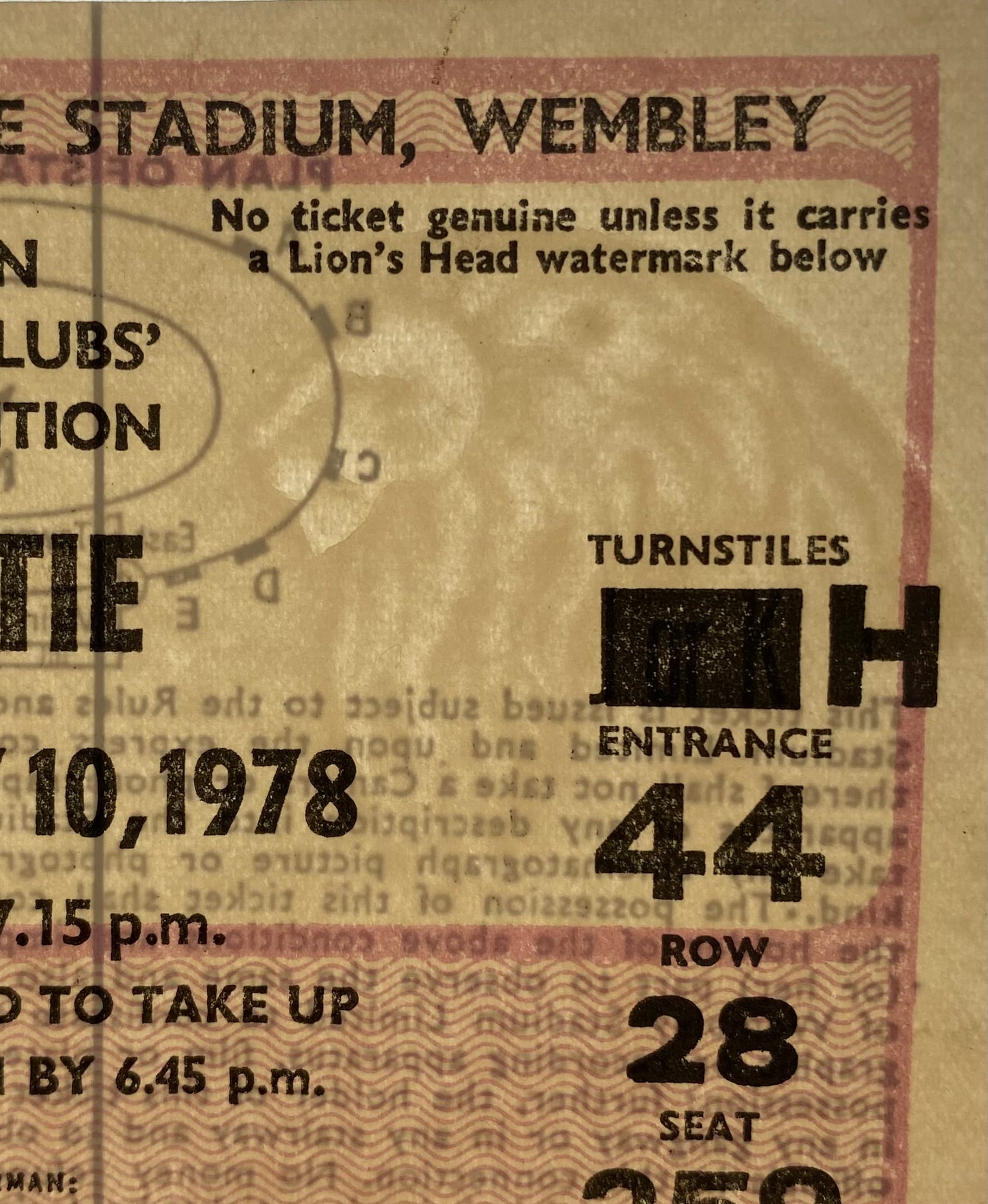 1978 ORIGINAL EUROPEAN CUP FINAL TICKET LIVERPOOL V FC BRUGES @ WEMBLEY