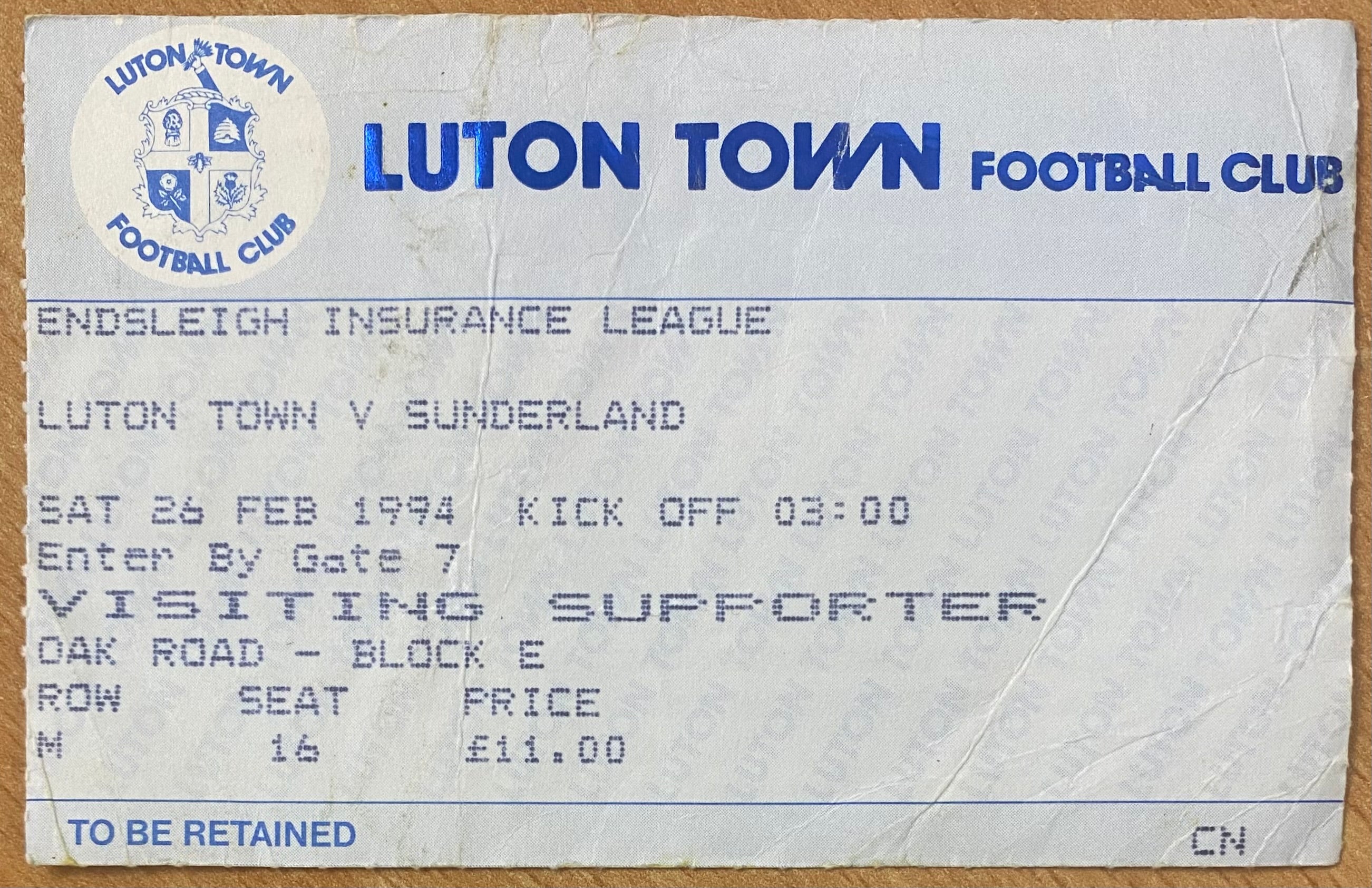 1993/94 ORIGINAL DIVISION 1 TICKET LUTON TOWN V SUNDERLAND