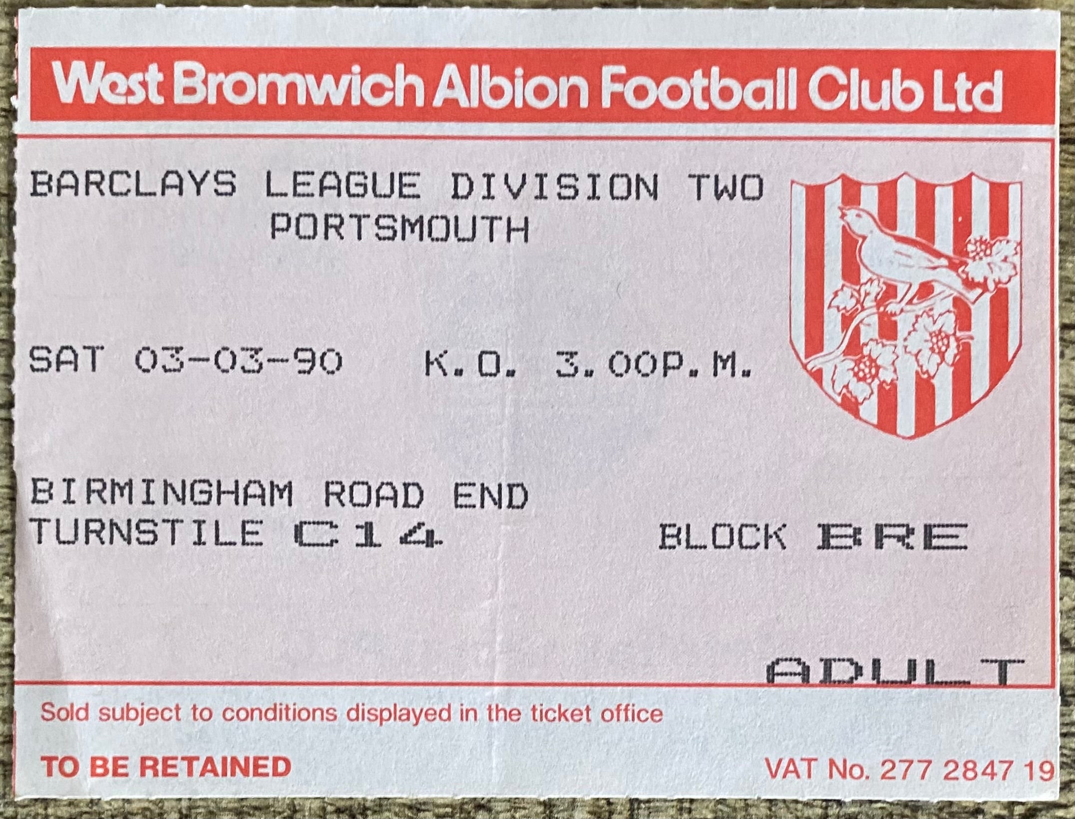 1989/90 ORIGINAL DIVISION 2 TICKET WEST BROMWICH ALBION V PORTSMOUTH