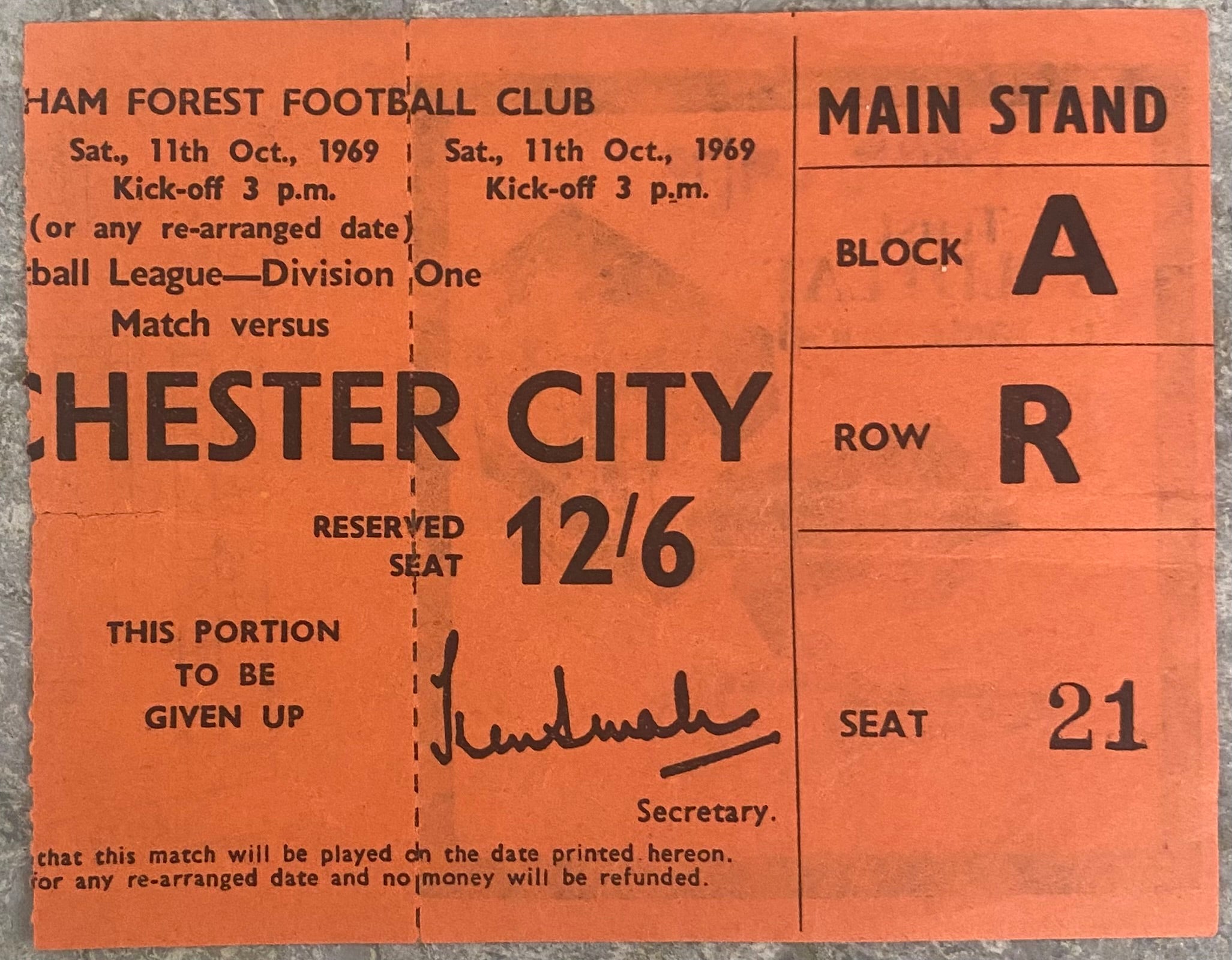 1969/70 ORIGINAL DIVISION 1 TICKET NOTTINGHAM FOREST V MANCHESTER CITY