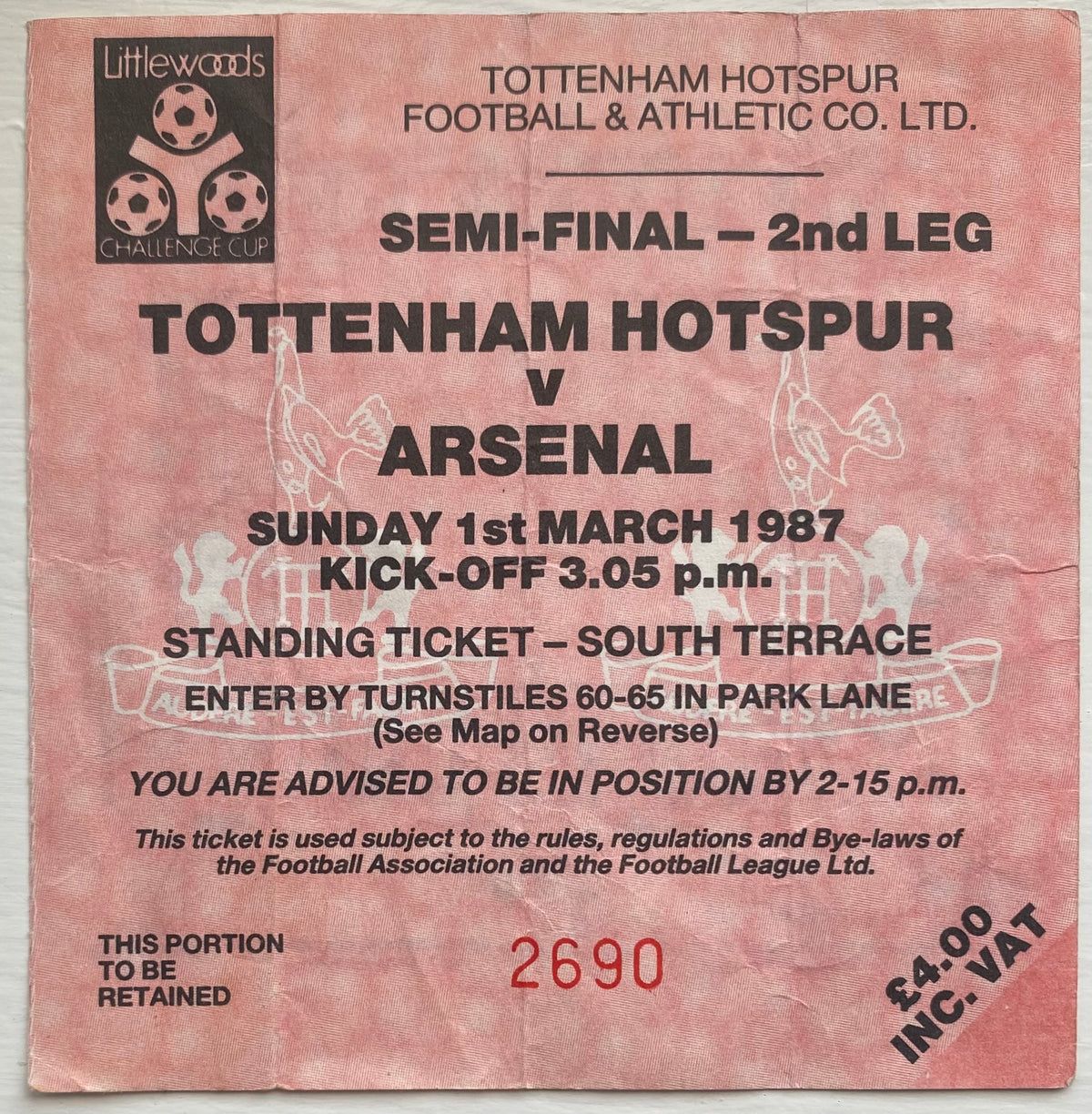 1986/87 ORIGINAL LITTLEWOODS CUP SEMI FINAL 2ND LEG TICKET TOTTENHAM HOTSPUR V ARSENAL
