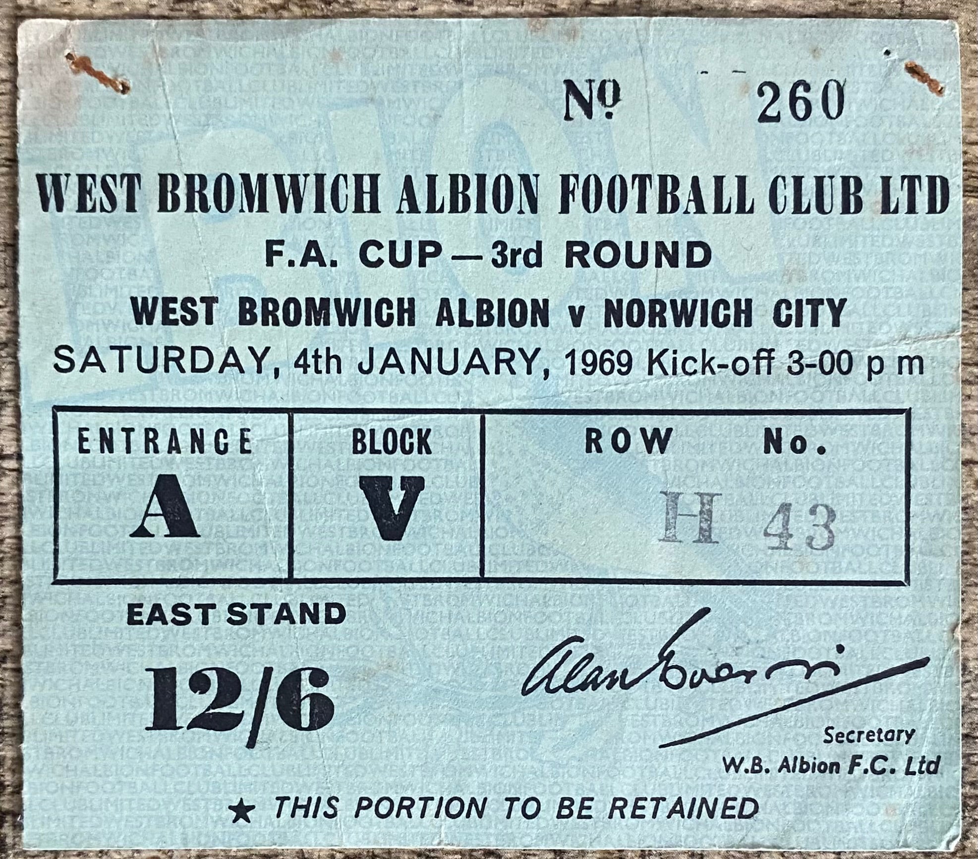 1968/69 ORIGINAL FA CUP 3RD ROUND TICKET WEST BROMWICH ALBION V NORWICH CITY