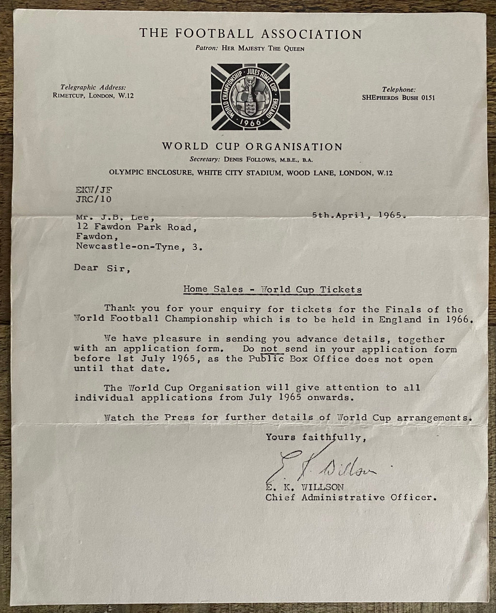 1966 WORLD CUP ORIGINAL OFFICIAL LETTER (WHITE CITY TICKET SALES) APR 1965 & ORIGINAL ENVELOPE