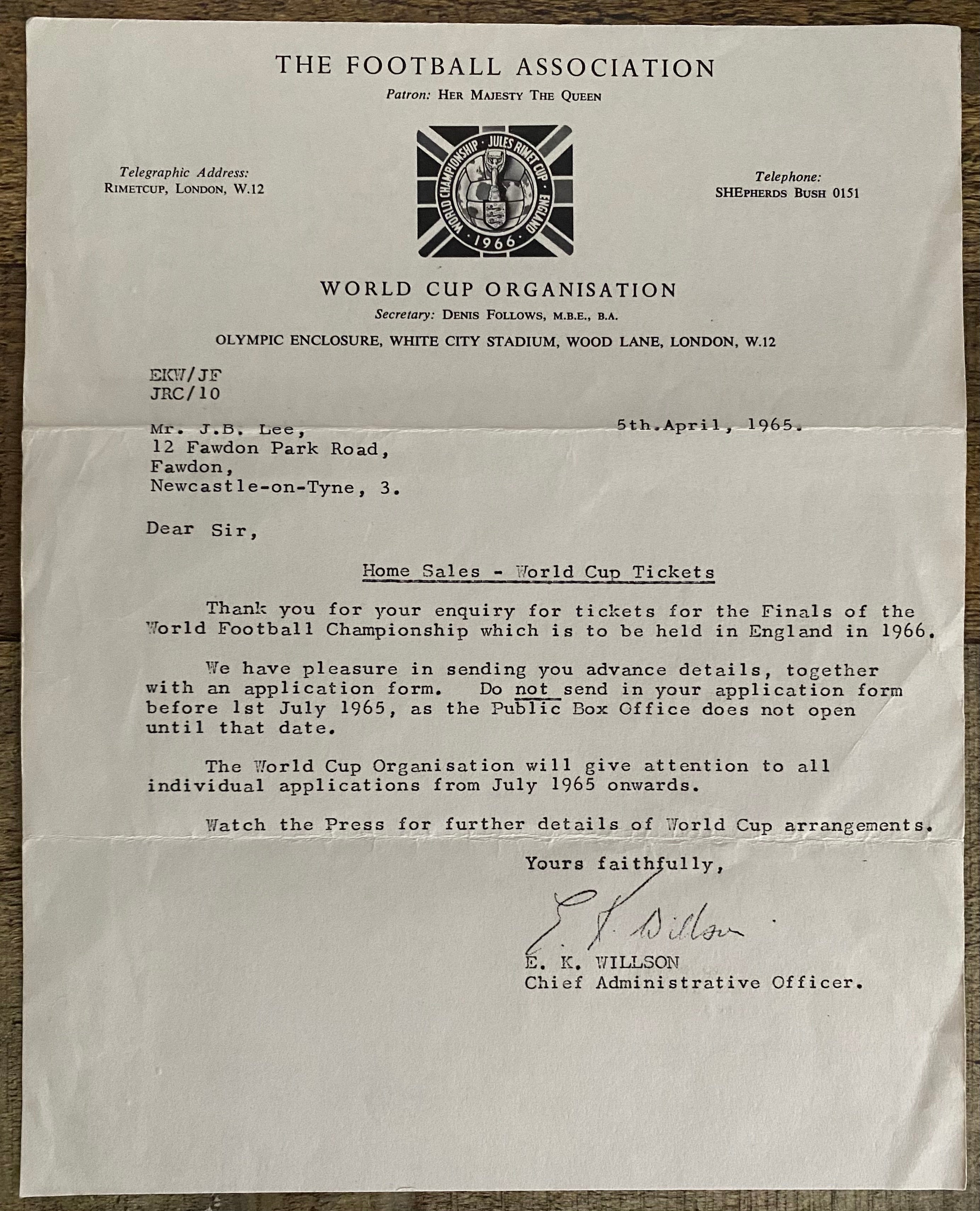 1966 WORLD CUP ORIGINAL OFFICIAL LETTER (WHITE CITY TICKET SALES) APR 1965 & ORIGINAL ENVELOPE