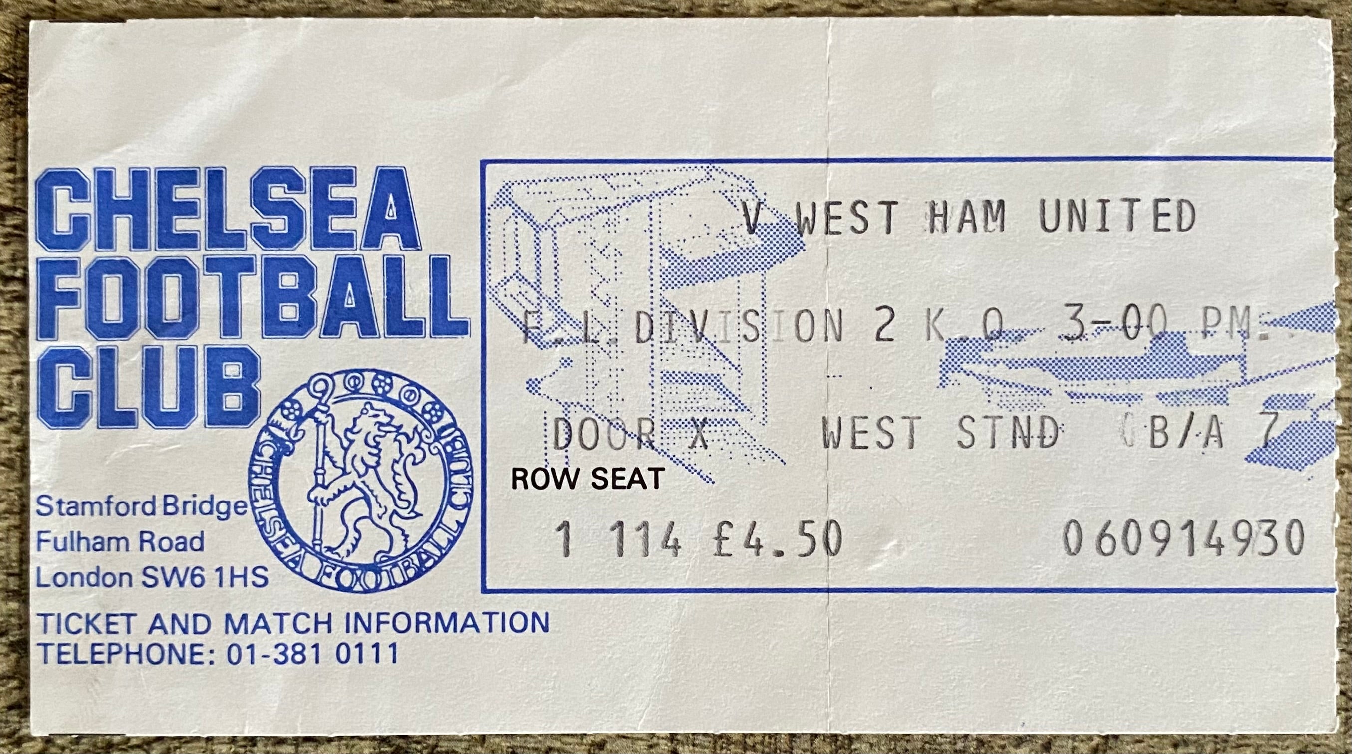 1980/81 ORIGINAL DIVISION 2 TICKET CHELSEA V WEST HAM UNITED