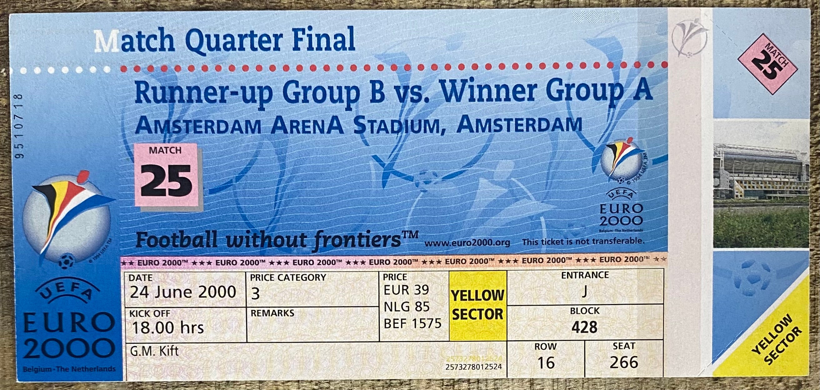 2000 ORIGINAL EUROPEAN CHAMPIONSHIPS EURO 2000 UNUSED QUARTER FINAL TICKET TURKEY V PORTUGAL @ AMSTERDAM