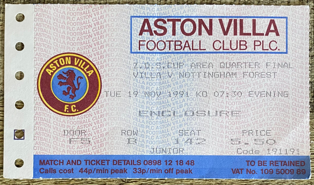 1991/92 ORIGINAL ZENITH DATA CUP QUARTER FINAL TICKET ASTON VILLA V NOTTINGHAM FOREST