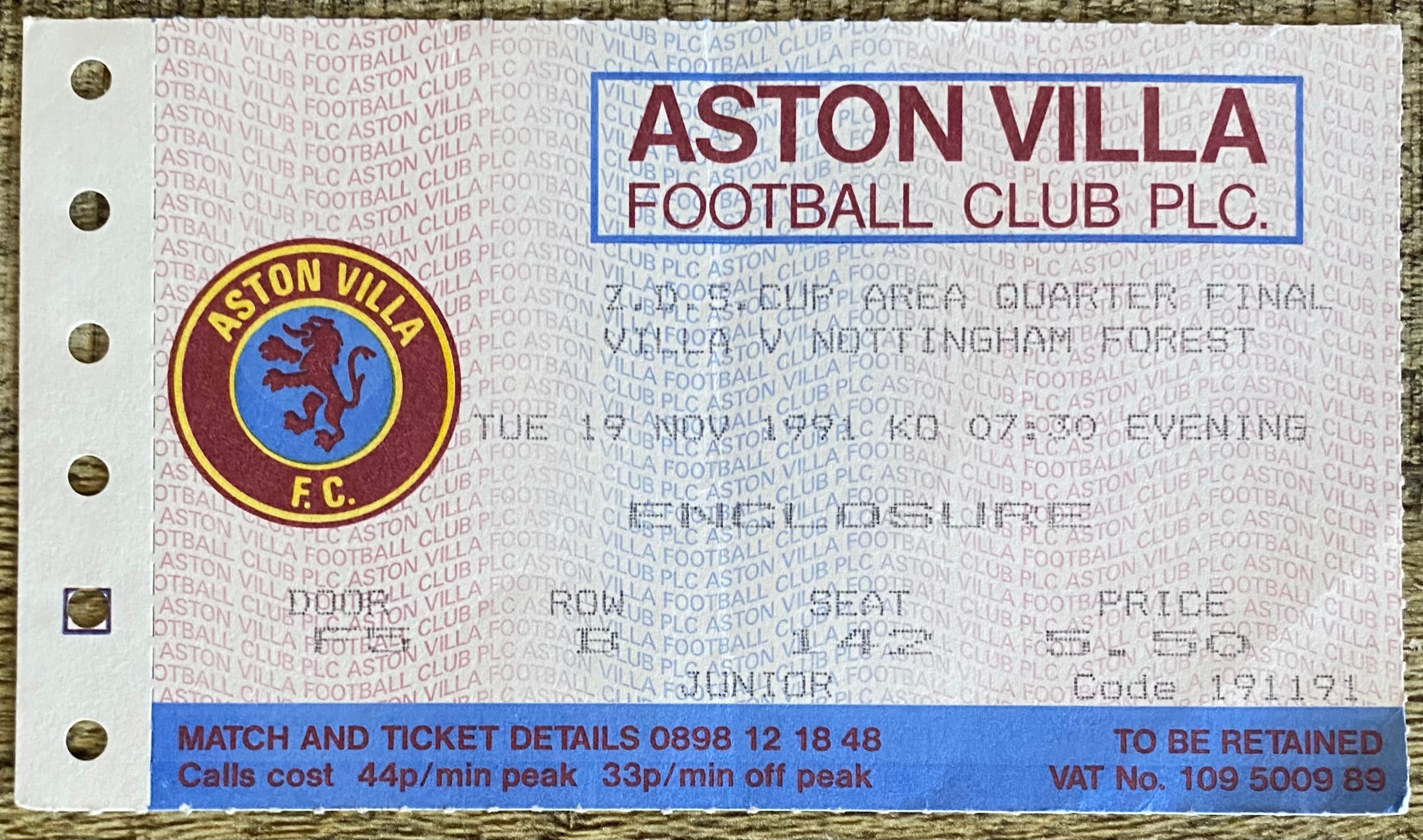 1991/92 ORIGINAL ZENITH DATA CUP QUARTER FINAL TICKET ASTON VILLA V NOTTINGHAM FOREST