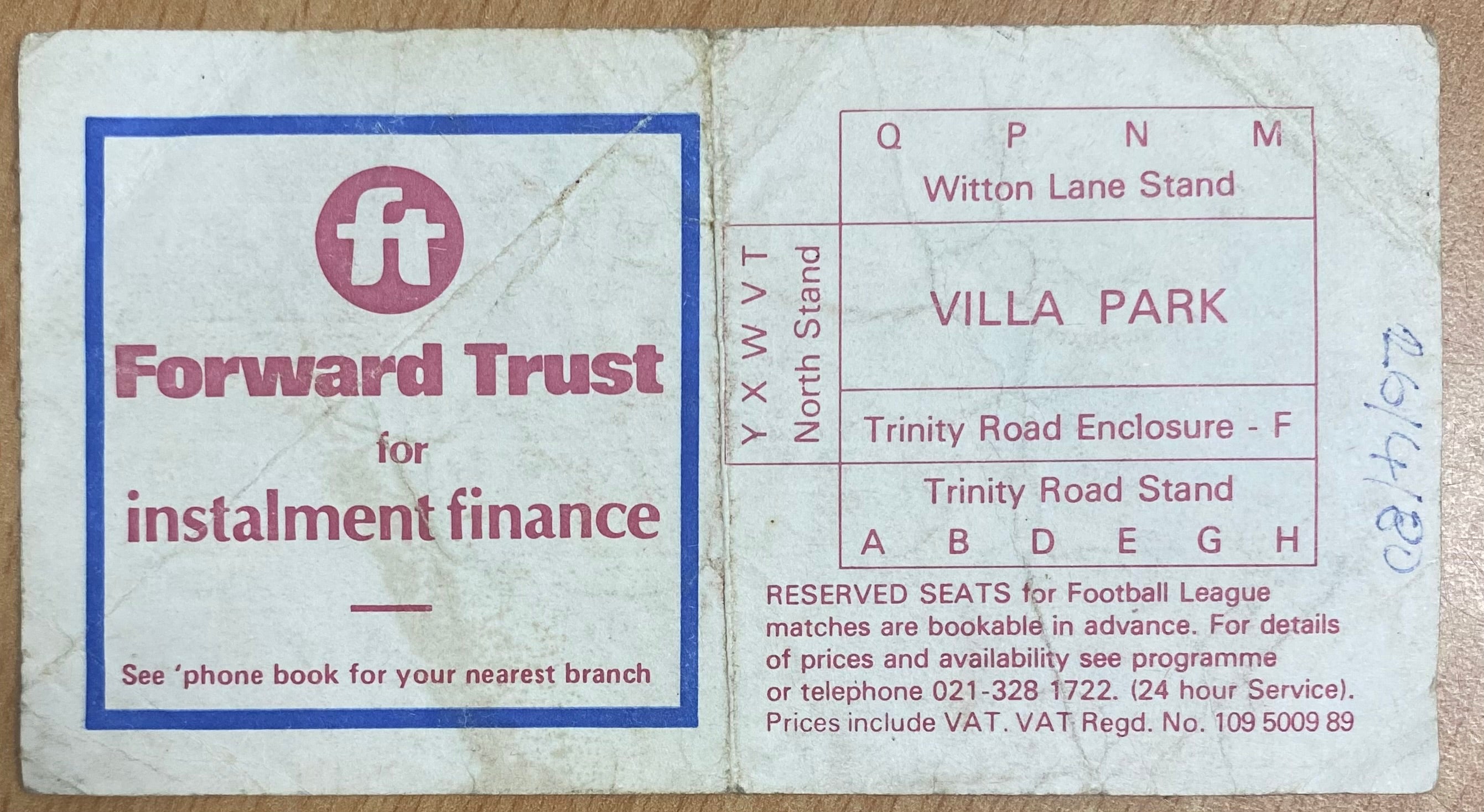 1979/80 ORIGINAL DIVISION 1 TICKET ASTON VILLA V TOTTENHAM HOTSPUR
