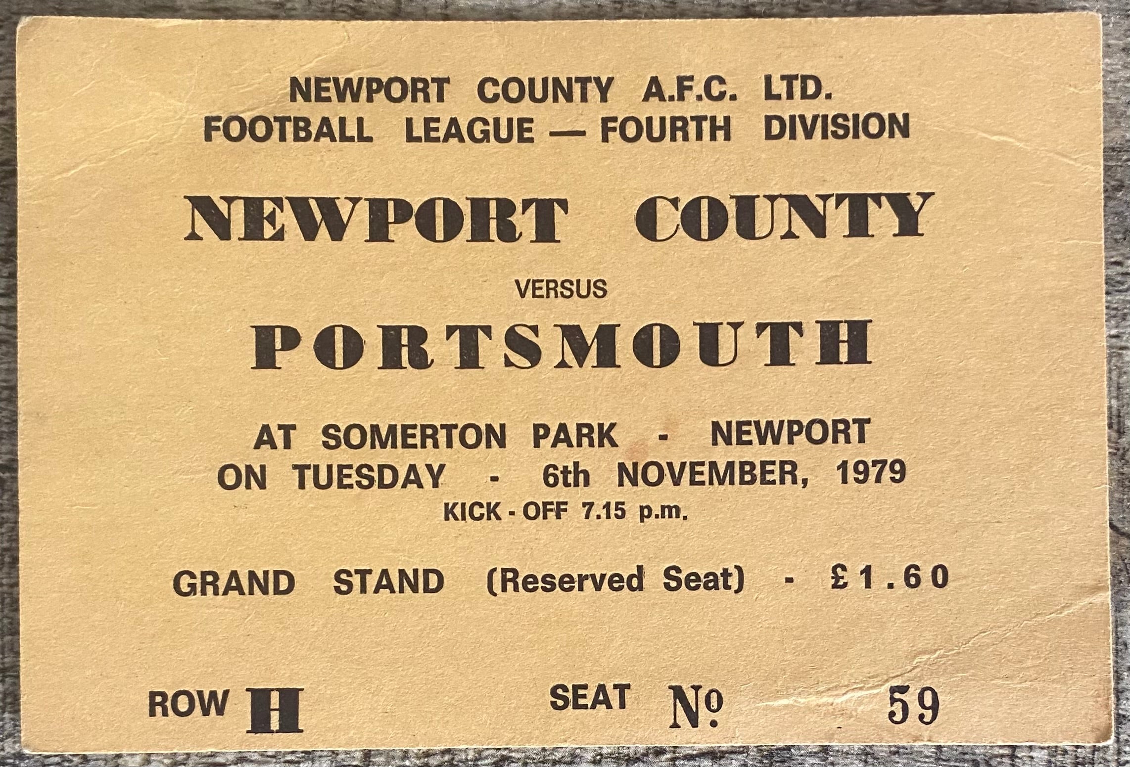 1979/80 ORIGINAL DIVISION 3 TICKET NEWPORT COUNTY V PORTSMOUTH
