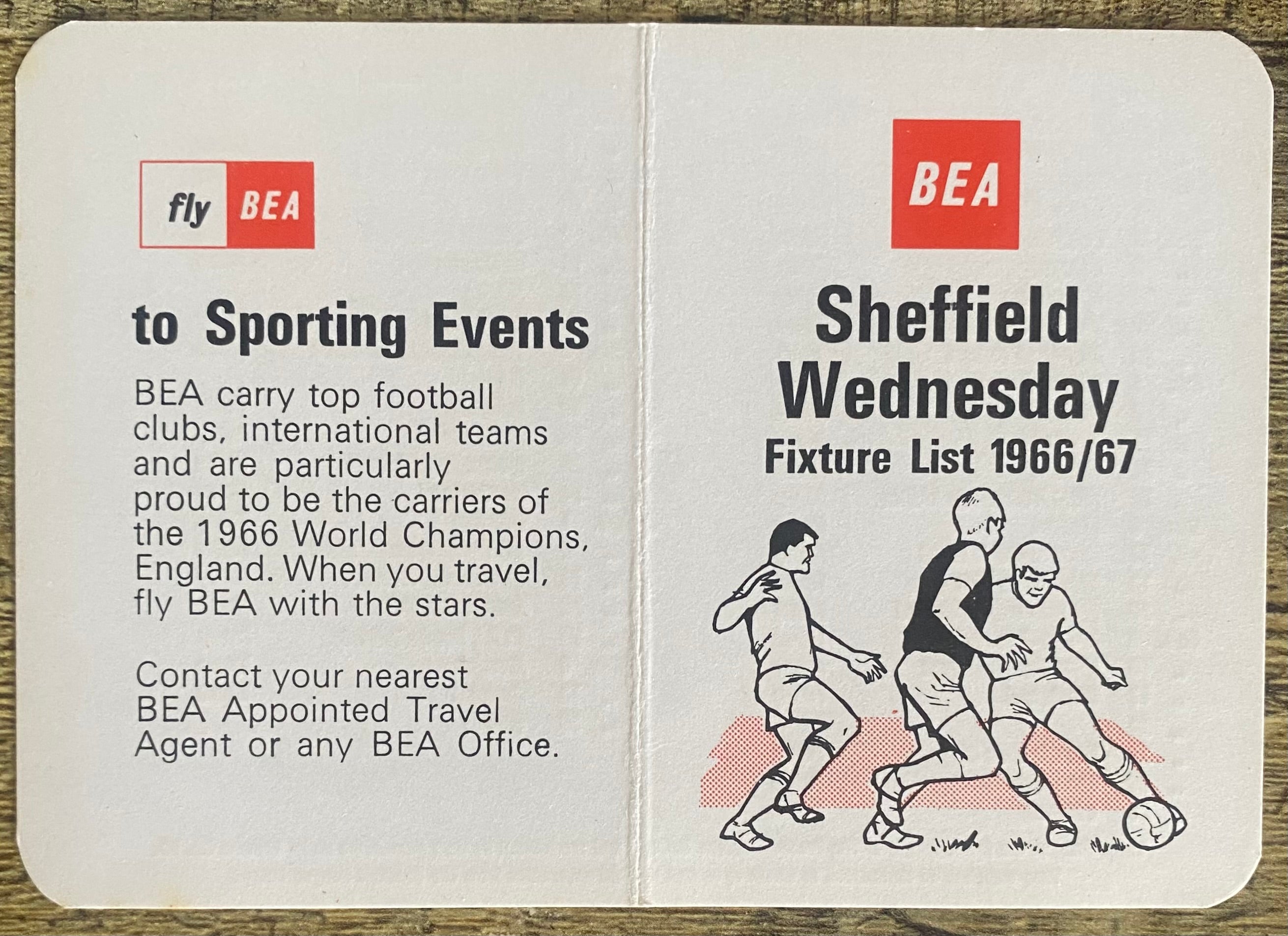 1966/67 ORIGINAL BRITISH EUROPEAN AIRWAYS FIXTURE LIST FOR SHEFFIELD WEDNESDAY