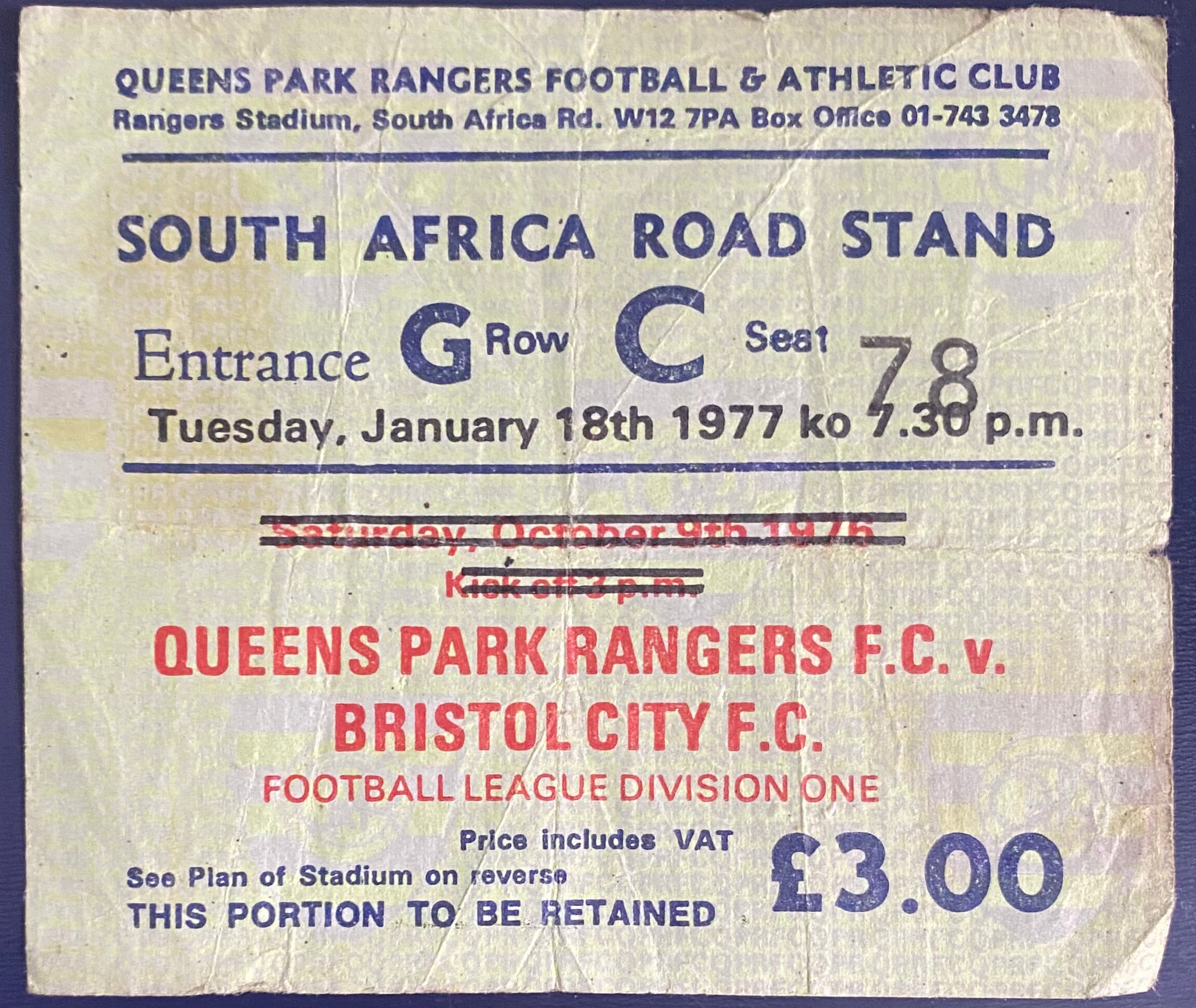 1976/77 ORIGINAL DIVISION 1 TICKET QUEENS PARK RANGERS V BRISTOL CITY