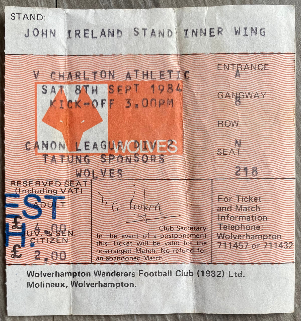 1984/85 ORIGINAL DIVISION 2 TICKET WOLVERHAMPTON WANDERERS V CHARLTON ATHLETIC