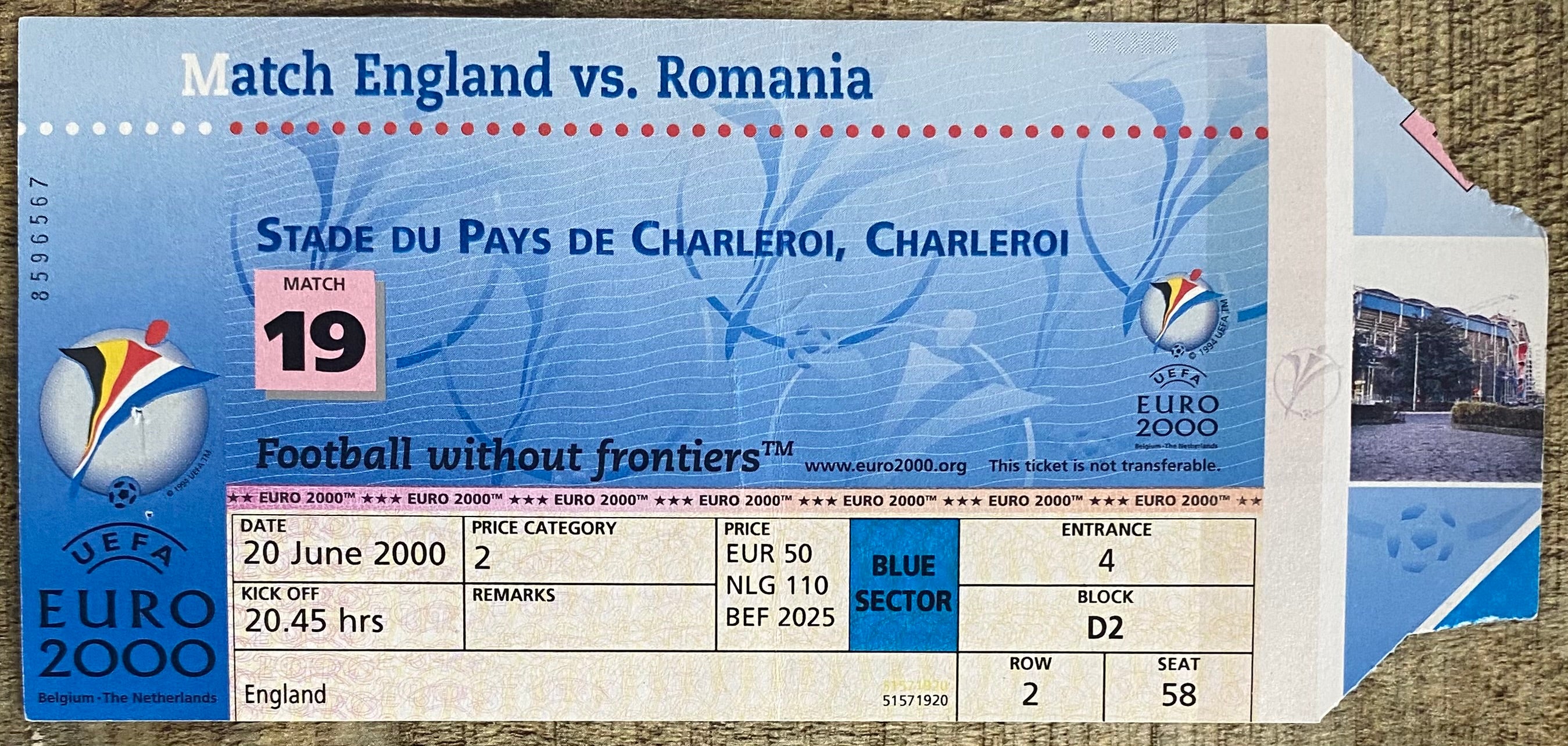 2000 ORIGINAL EUROPEAN CHAMPIONSHIPS EURO 2000 TICKET ENGLAND V ROMANIA @ CHARLEROI