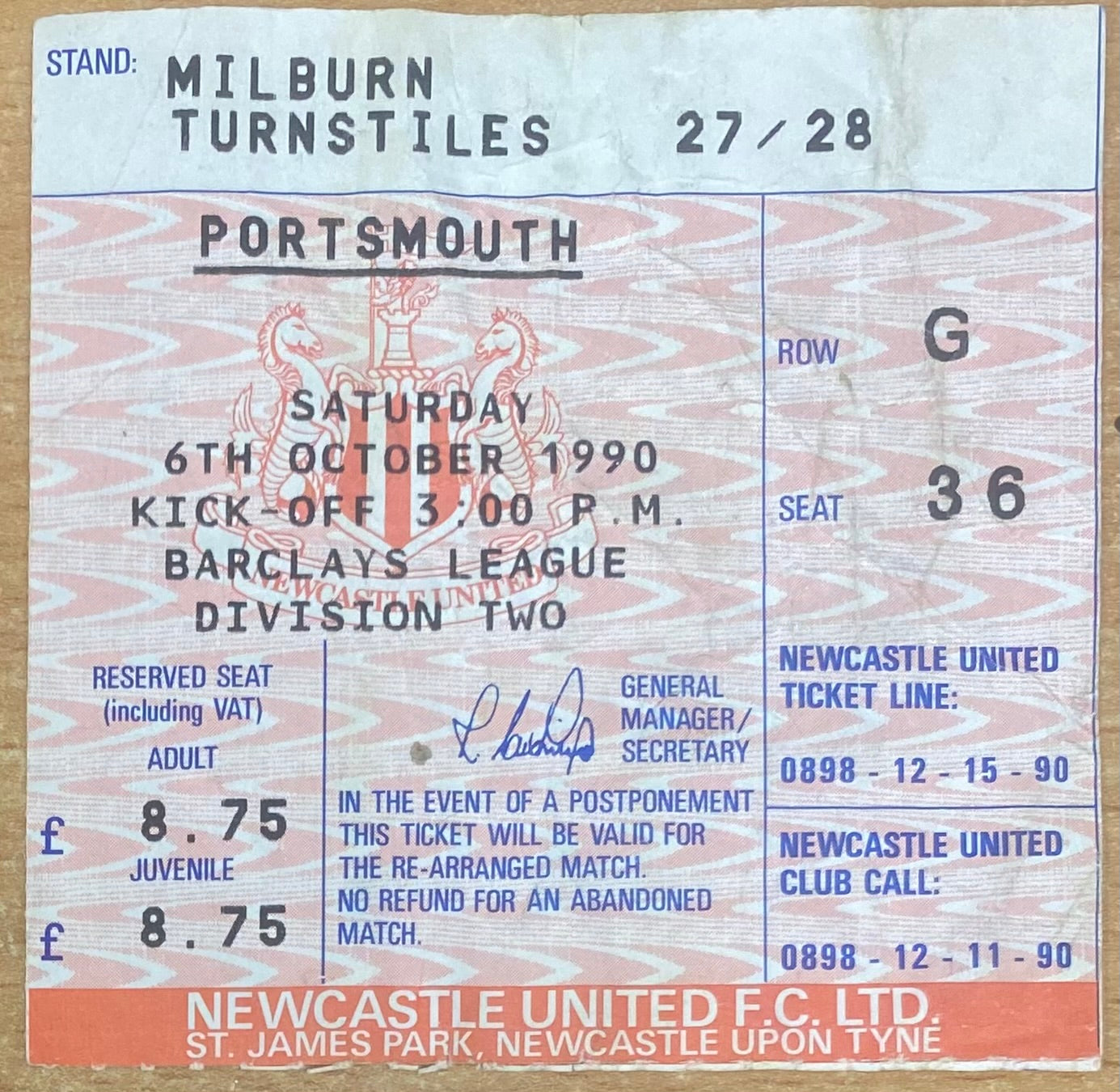 1990/91 ORIGINAL DIVISION 2 TICKET NEWCASTLE UNITED V PORTSMOUTH