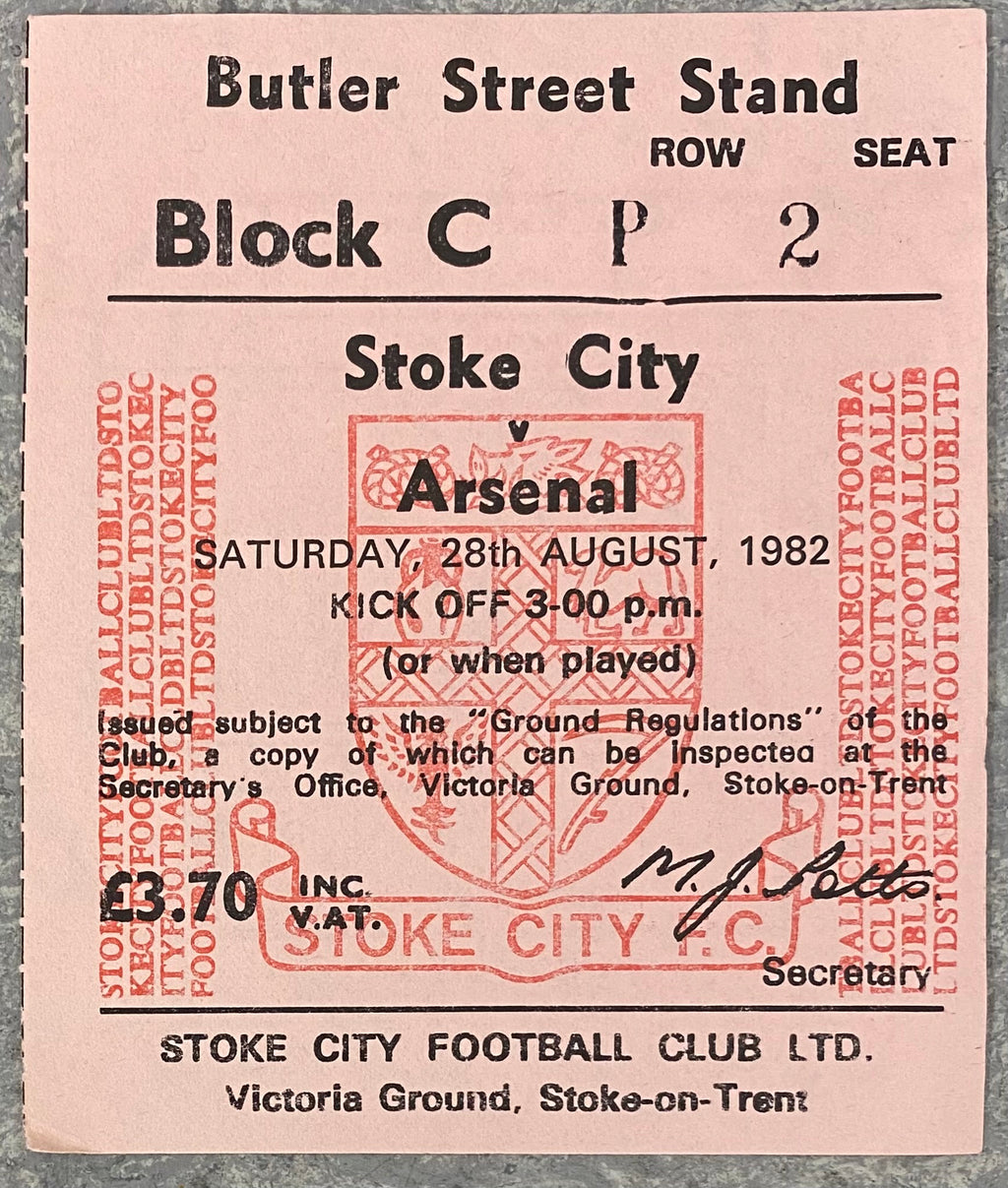 1982/83 ORIGINAL DIVISION ONE TICKET STOKE CITY V ARSENAL