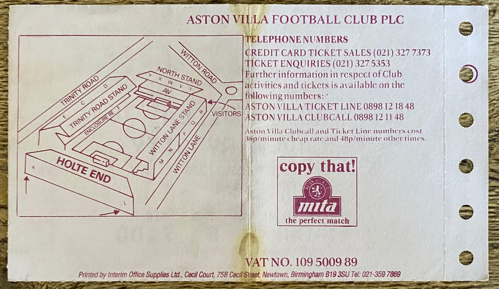 1992/93 ORIGINAL PREMIER LEAGUE TICKET ASTON VILLA V COVENTRY CITY