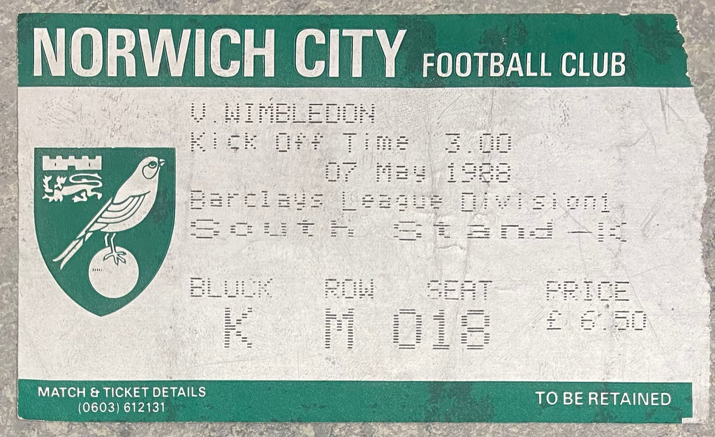 1987/88 ORIGINAL DIVISION ONE TICKET NORWICH CITY V WIMBLEDON