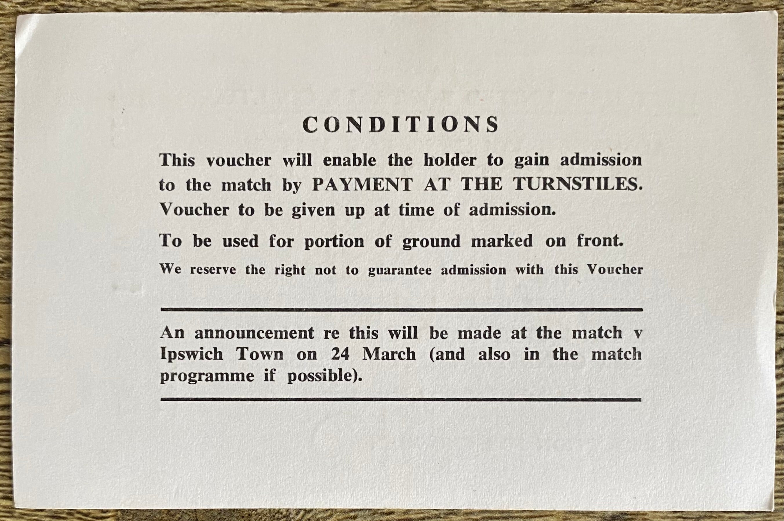 1977/78 ORIGINAL DIVISION ONE ADMISSION VOUCHER FOR WEST HAM UNITED V CHELSEA