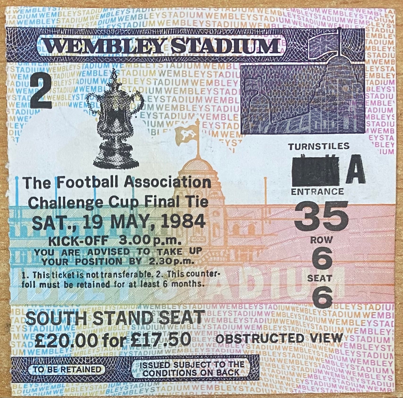 1984 ORIGINAL FA CUP FINAL TICKET EVERTON V WATFORD