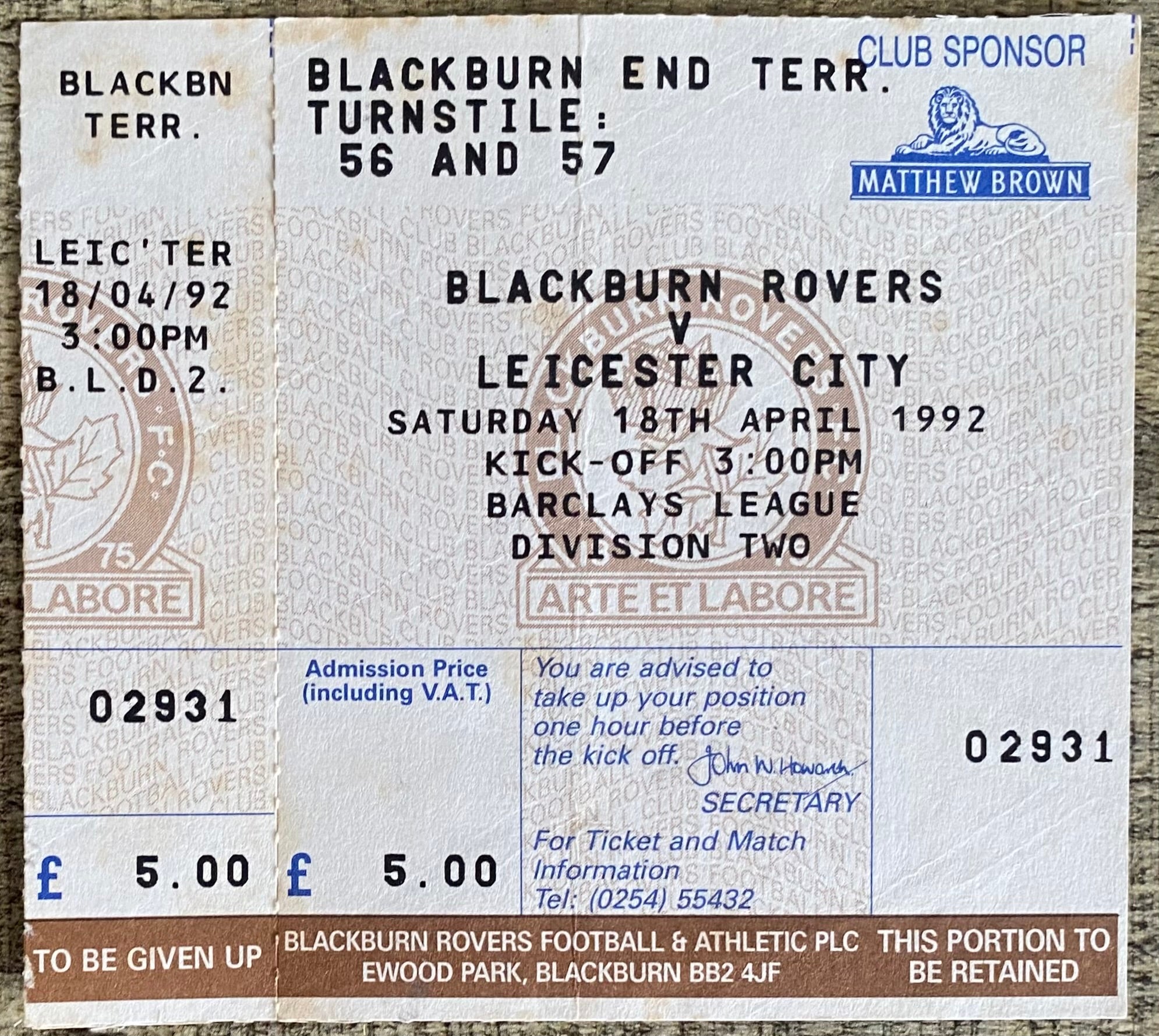 1991/92 ORIGINAL DIVISION 2 UNUSED TICKET BLACKBURN ROVERS V LEICESTER CITY