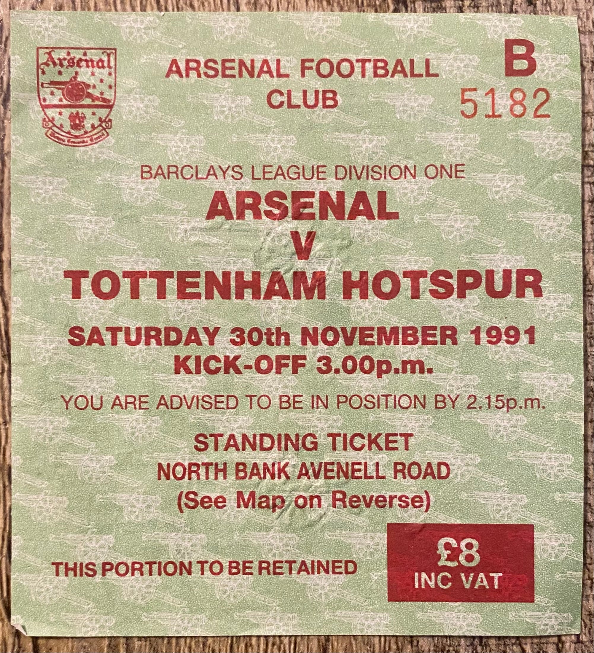 1991/92 ORIGINAL DIVISION ONE TICKET ARSENAL V TOTTENHAM HOTSPUR