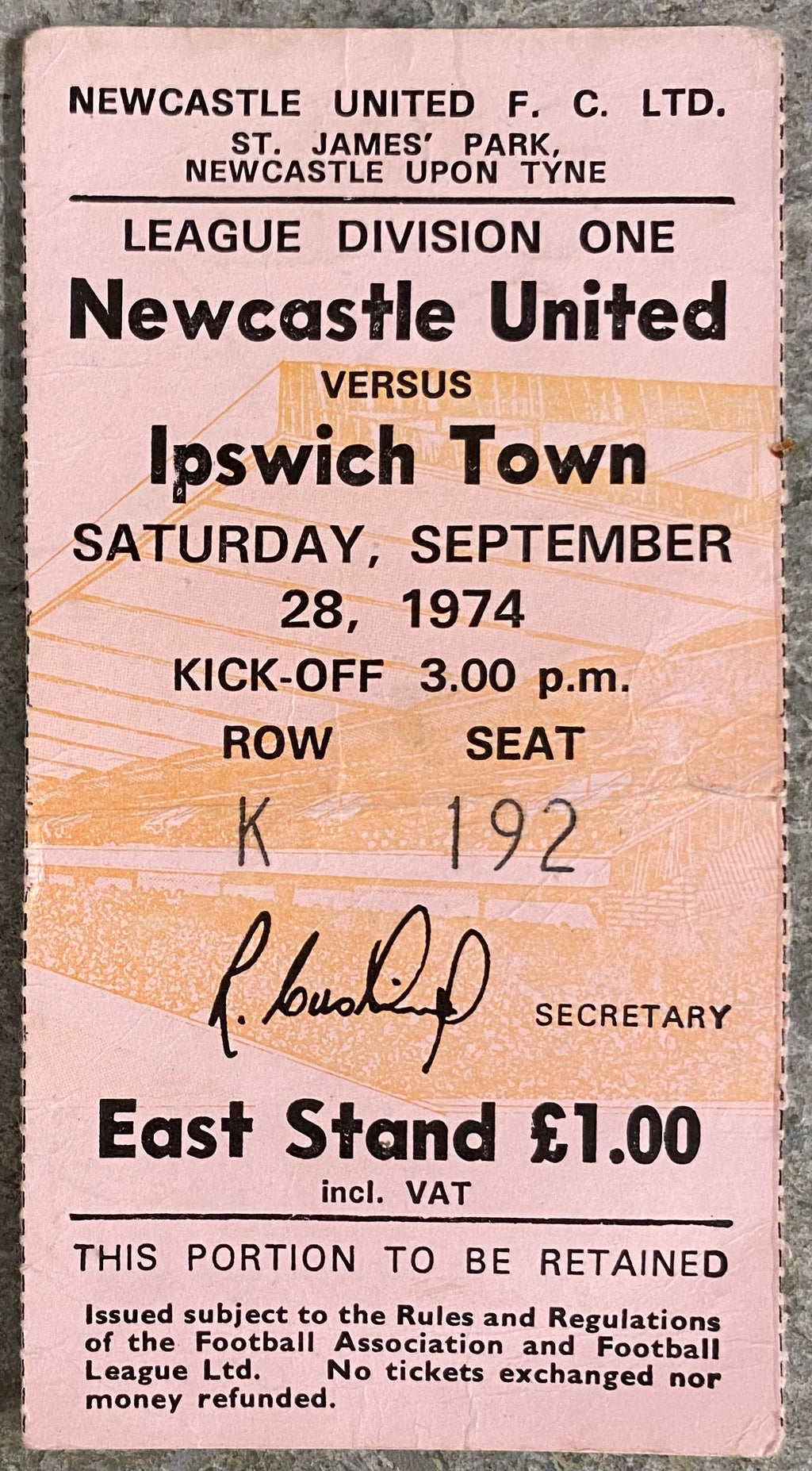 1974/75 ORIGINAL DIVISION 1 TICKET NEWCASTLE UNITED V IPSWICH TOWN